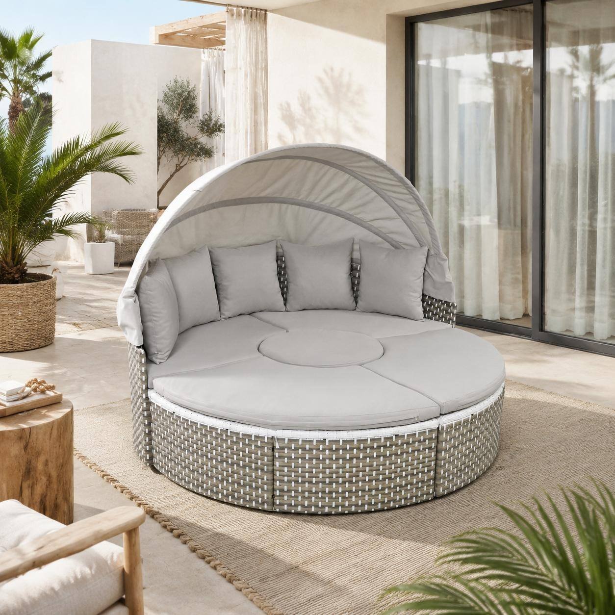 Patio Furniture Round Outdoor Sectional Sofa Set with Retractable Canopy by Leisure Zone - Image 2