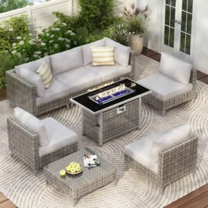 8-Piece Outdoor Patio Furniture Set with 60,000 BTU Propane Fire Pit Table by Leisure Zone