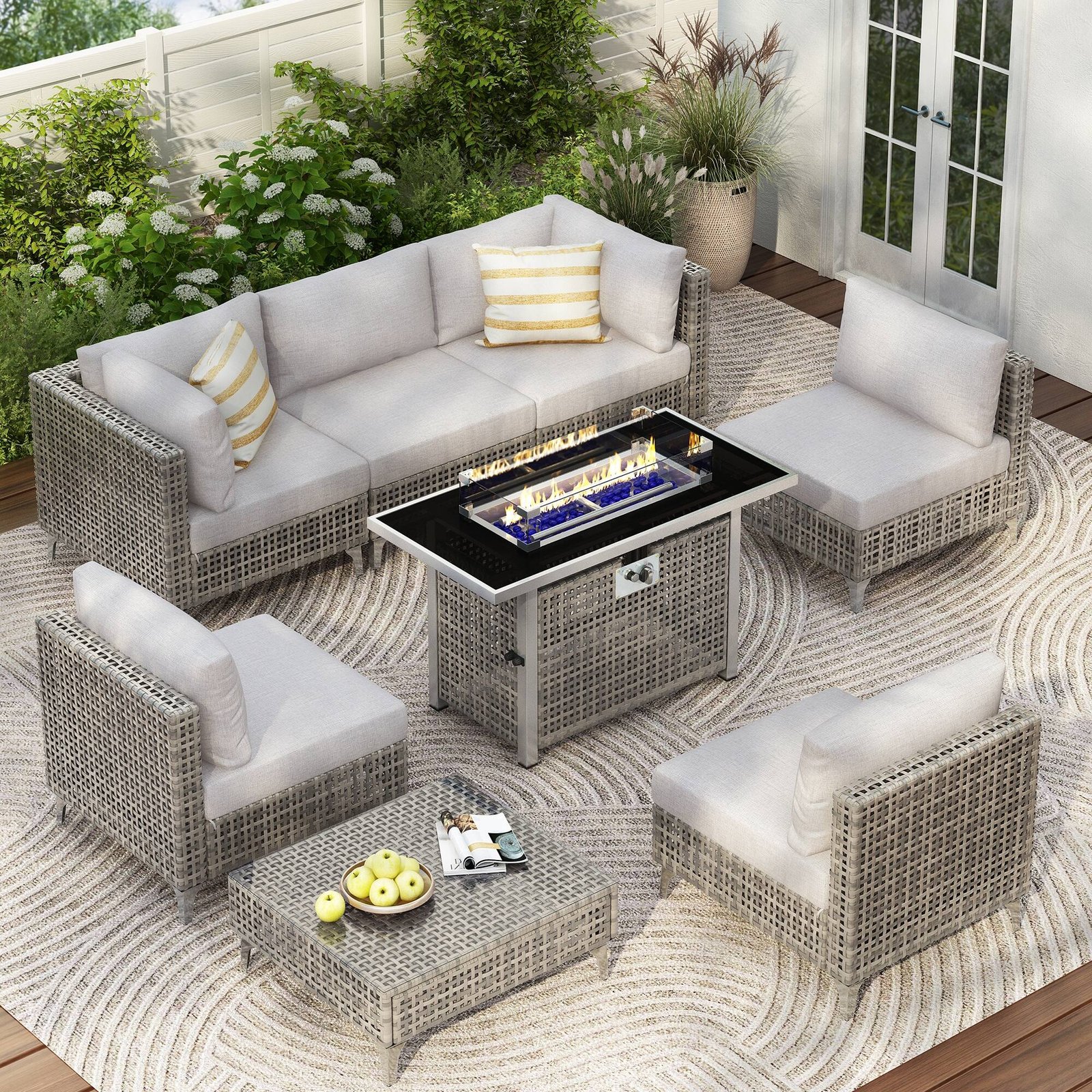 8-Piece Outdoor Patio Furniture Set with 60,000 BTU Propane Fire Pit Table by Leisure Zone