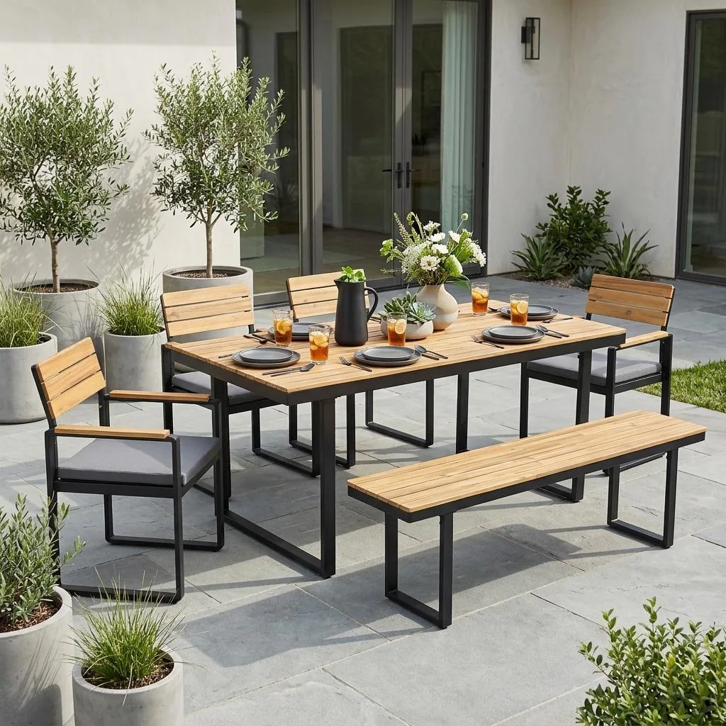 Acacia Wood & Steel Patio Dining Set with Cushioned Chairs & Bench by Leisure Zone - Image 2