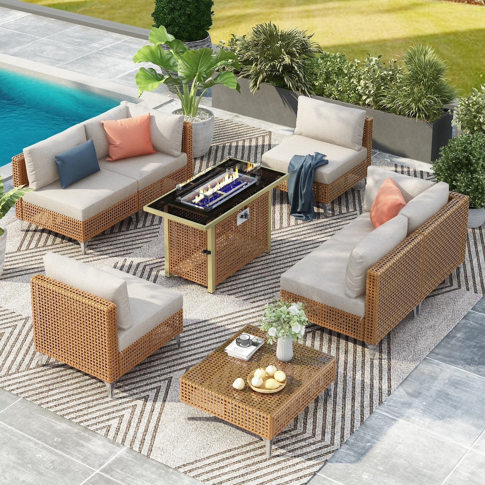 8-Piece Outdoor Patio Furniture Set with 60,000 BTU Propane Fire Pit Table by Leisure Zone - Image 16