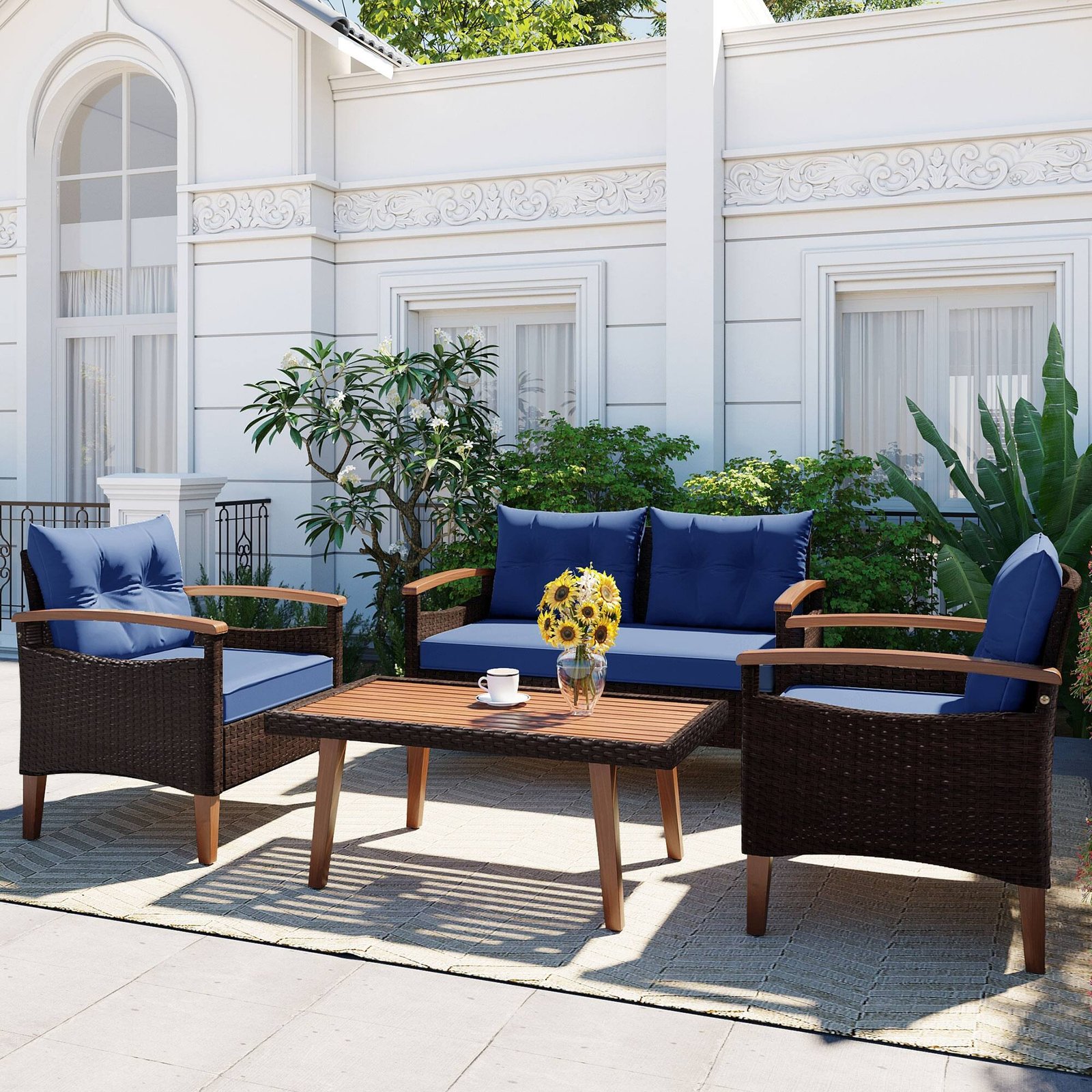 4-Piece PE Rattan Outdoor Sofa Set with Acacia Wood Table by Leisure Zone - Image 11