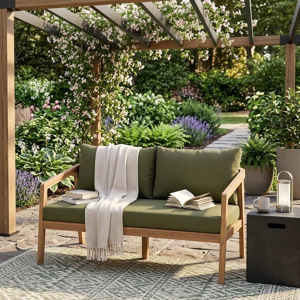 Acacia Wood Patio Loveseat Sofa with Thick Cushions by Leisure Zone - Image 14
