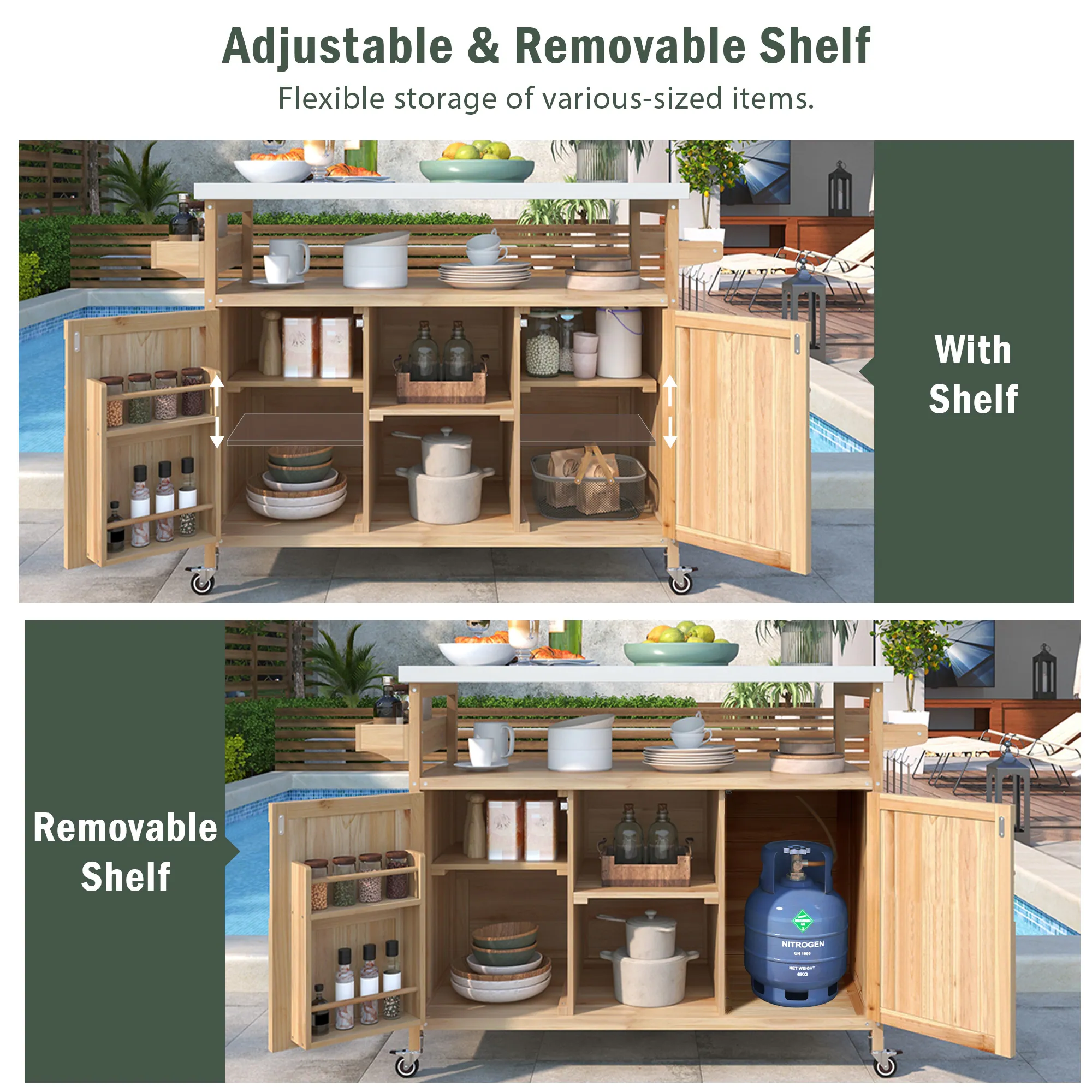 Farmhouse Solid Wood Outdoor Kitchen Island with Rolling Bar Cart & Storage Cabinet by Leisure Zone - Image 15