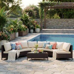 Half-Moon Design All-Weather Brown PE Rattan Wicker Sofa Set with Tempered Glass Table by Leisure Zone