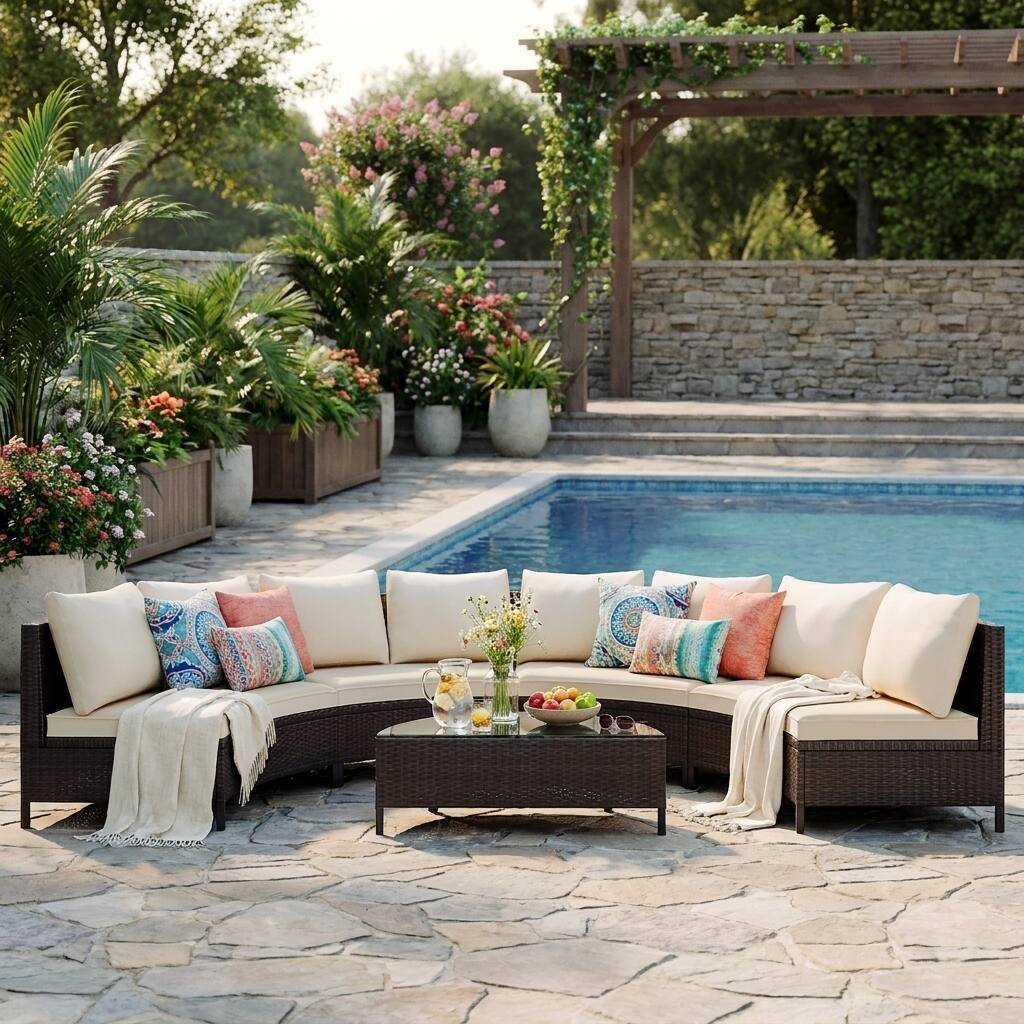 Half-Moon Design All-Weather Brown PE Rattan Wicker Sofa Set with Tempered Glass Table by Leisure Zone