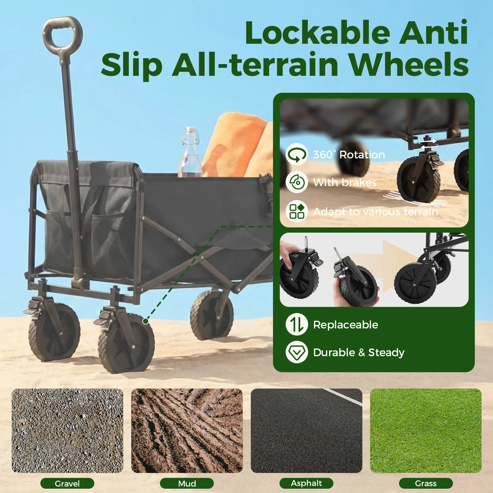 Sweetcrispy Collapsible Folding Wagon Push Cart - Oxford Cloth Quick-Fold Utility Trolley, 102L Large Capacity, 330 lbs Load Capacity, Wheels, Adjustable Handle, for Outdoor Camping, Beach Outings - Image 8