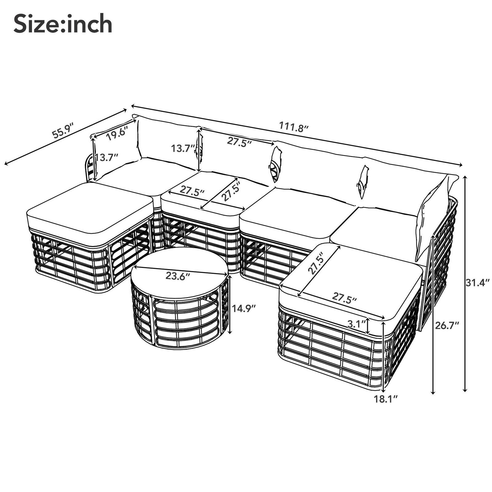 7-Piece Modular All-Weather Rattan Sectional Set with Round Woven Coffee Table by Leisure Zone - Image 24