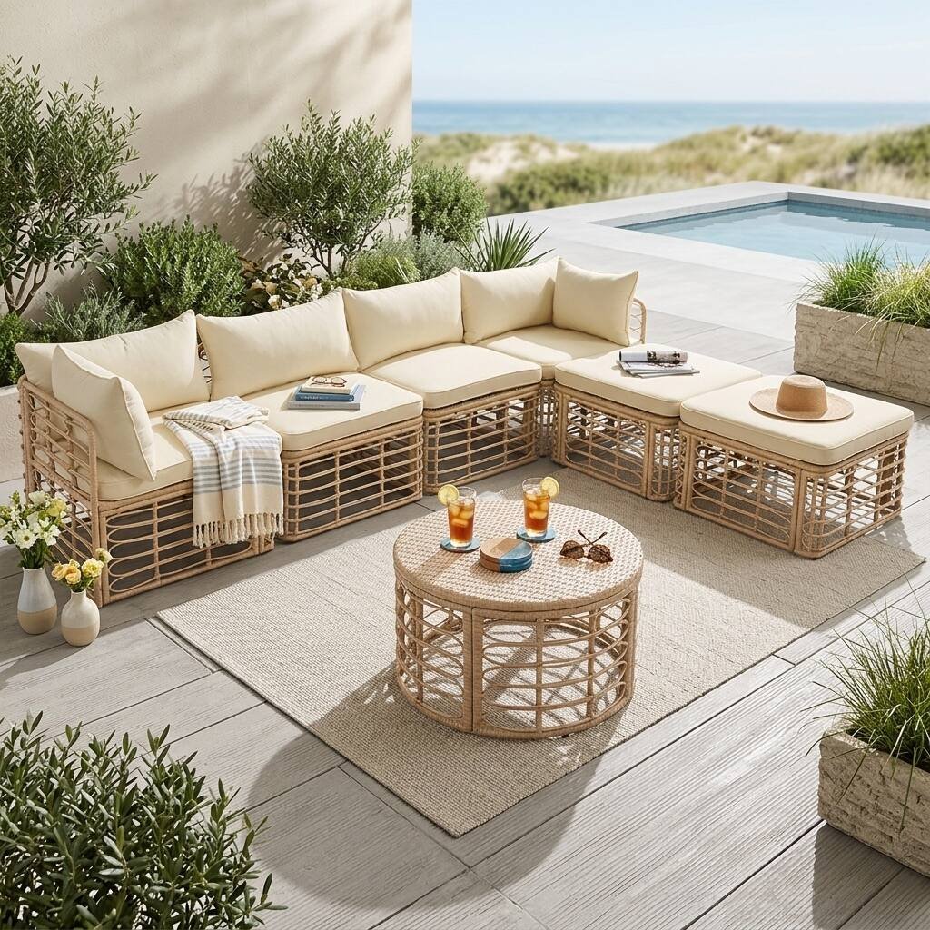 7-Piece Modular All-Weather Rattan Sectional Set with Round Woven Coffee Table by Leisure Zone - Image 2