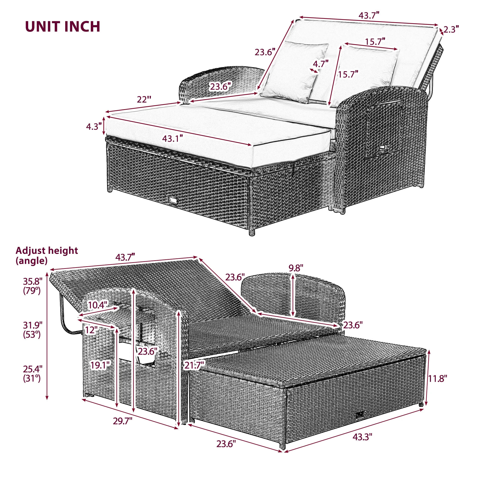 2-Person Reclining Daybed with Adjustable Back & Cushions by Leisure Zone - Image 10