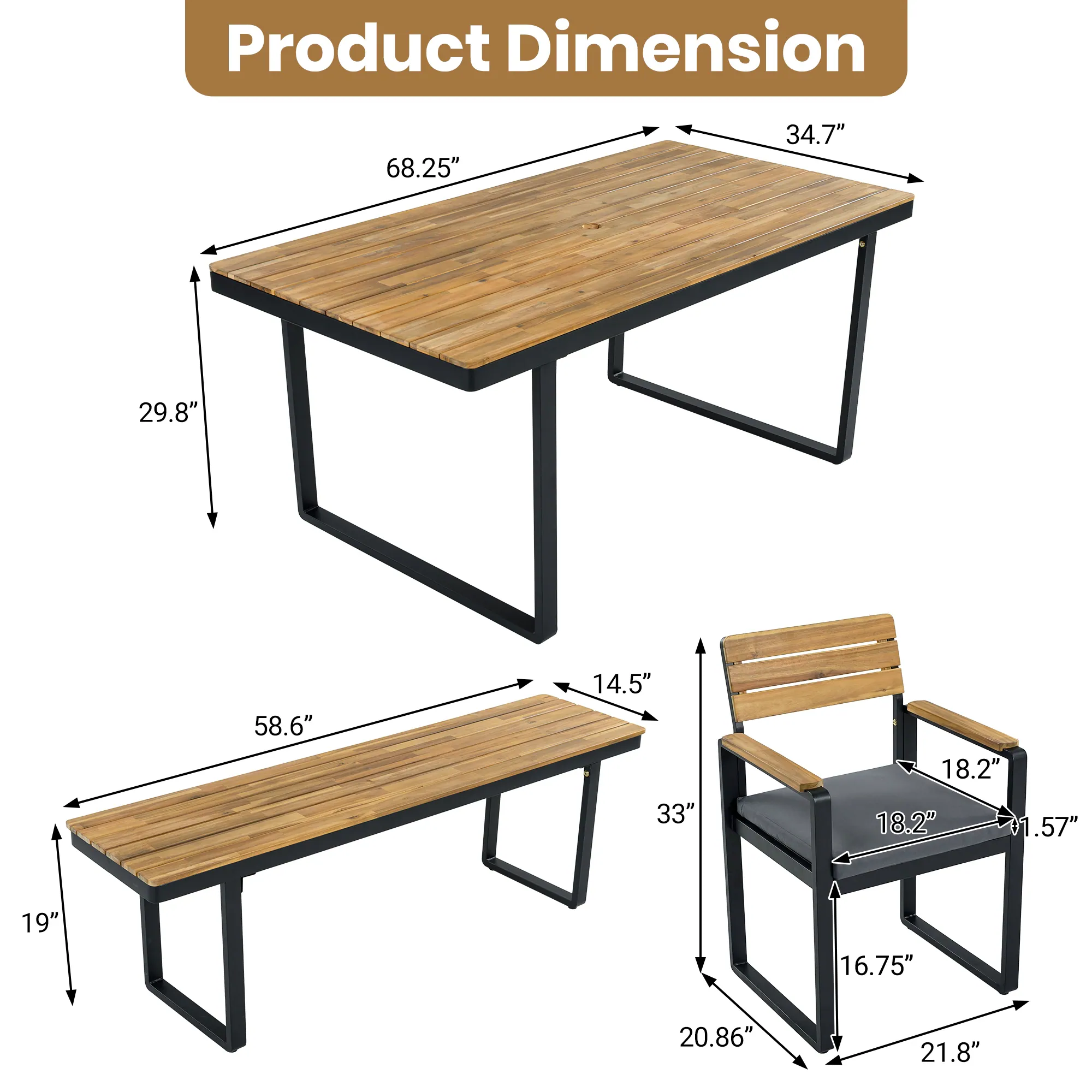 Acacia Wood & Steel Patio Dining Set with Cushioned Chairs & Bench by Leisure Zone - Image 19