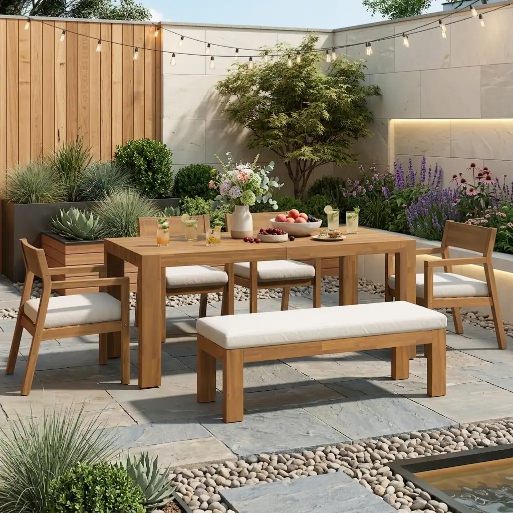 6-Person Patio Dining Set with Umbrella-Ready Table, Cushioned Bench & Four Armchairs by Leisure Zone