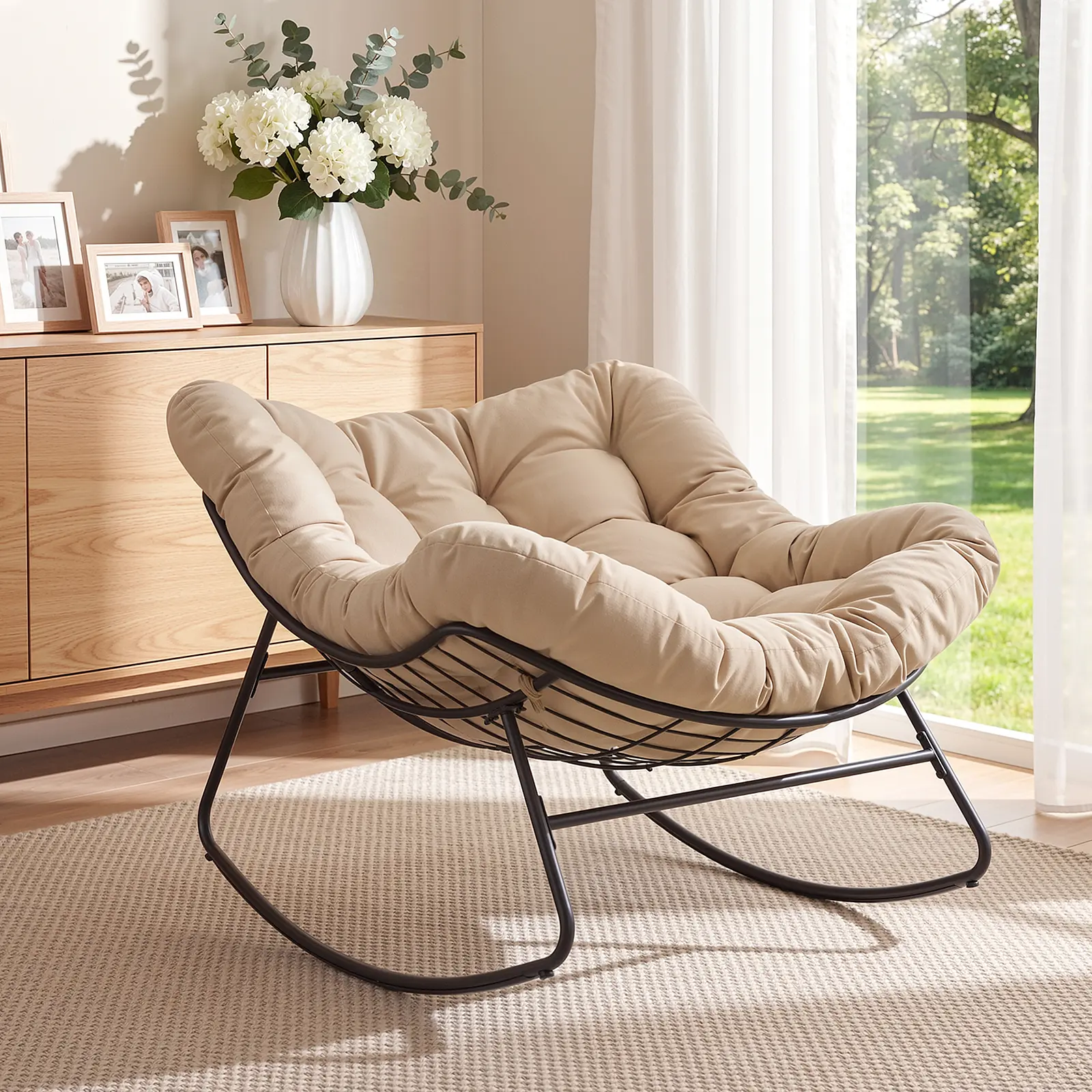 Oversized Blue Papasan Rocking Chair with Cushions for Indoor & Outdoor