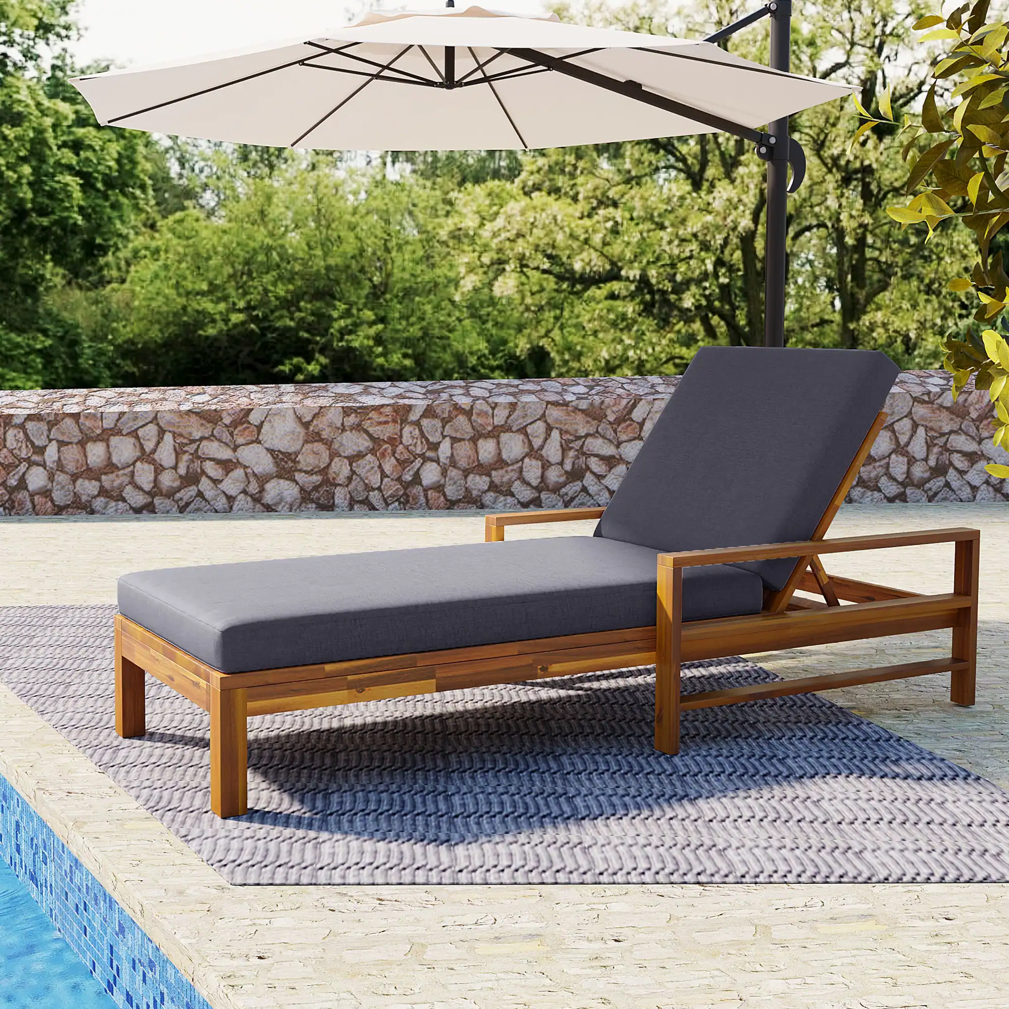 Acacia Wood Outdoor Chaise Lounge Chair with Adjustable Backrest by Leisure Zone - Image 8