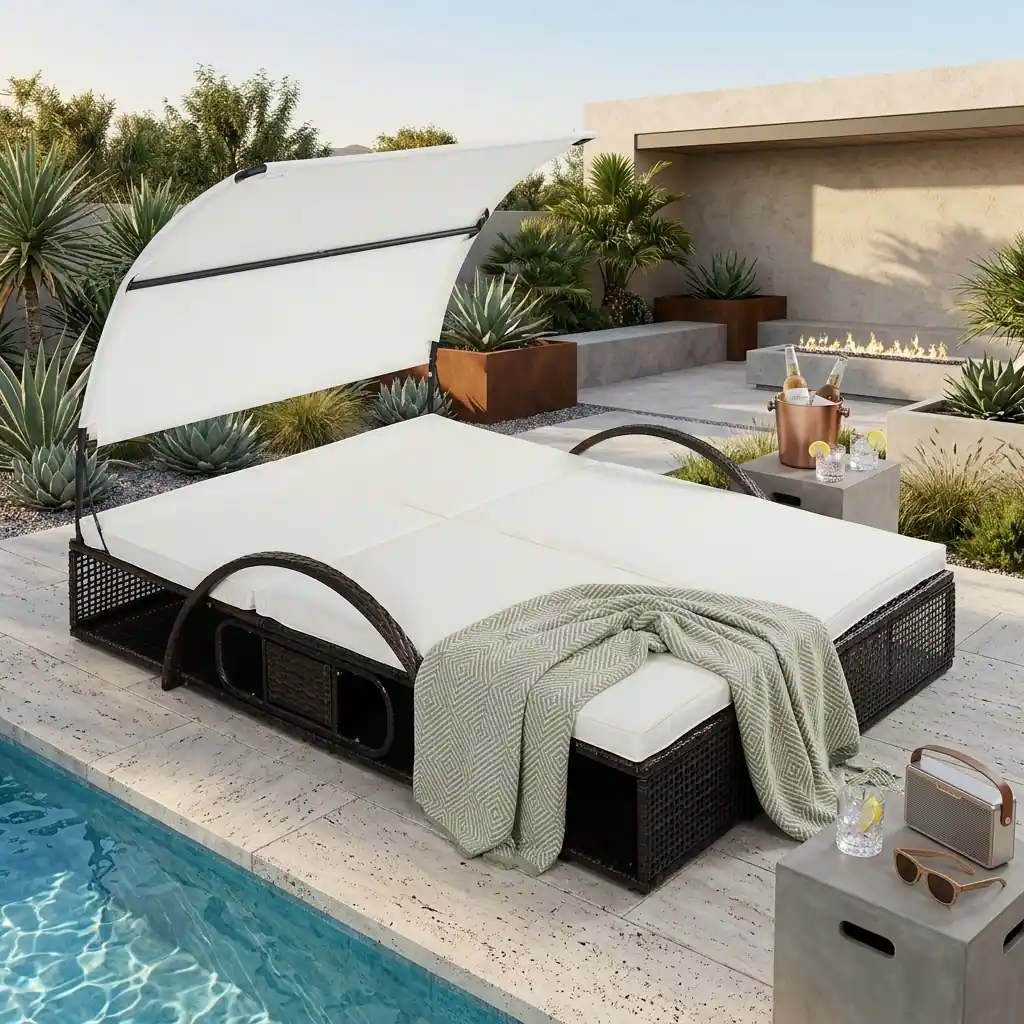 Double Outdoor Sun Lounger with Adjustable Backrest & Hidden Side Table by Leisure Zone - Image 4