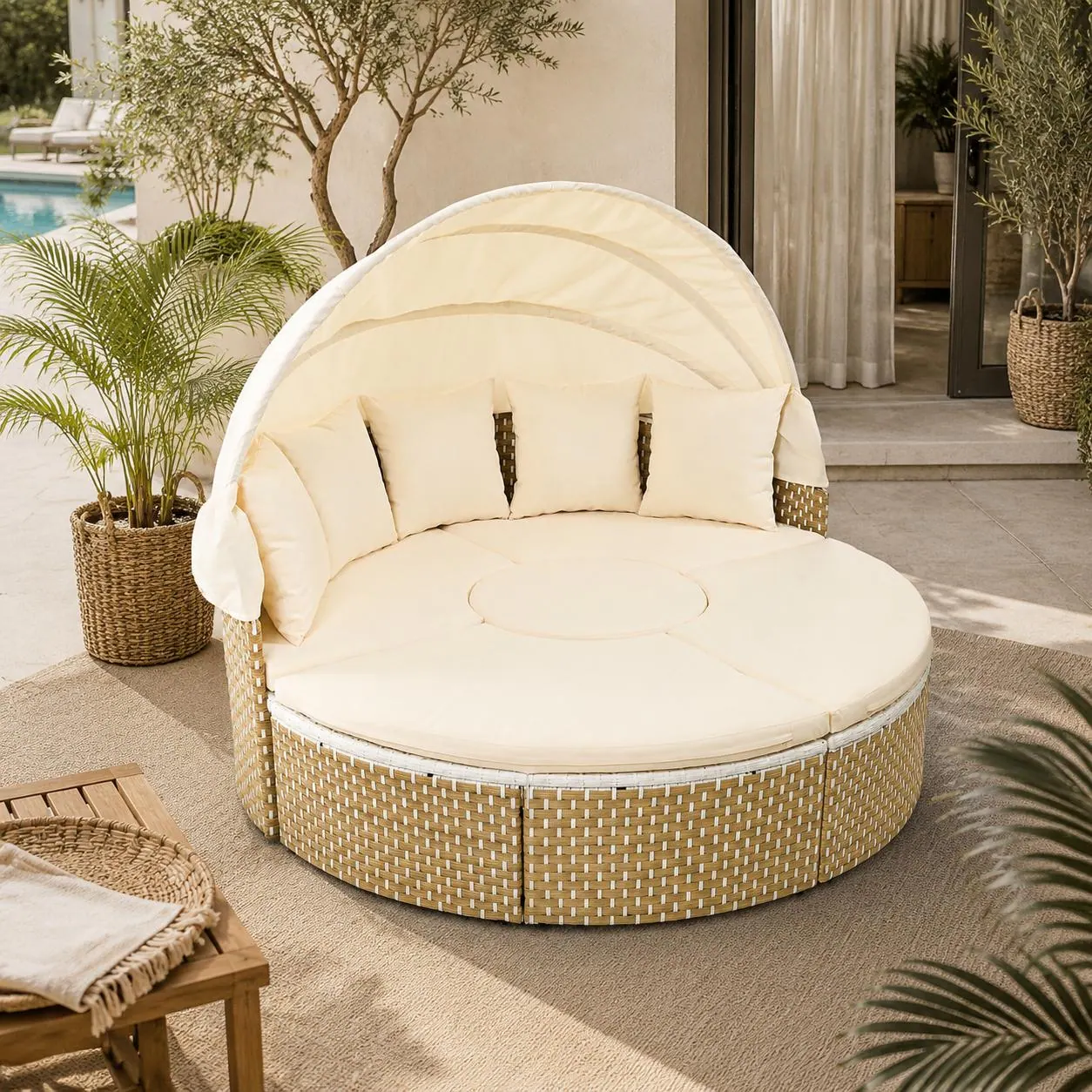 Patio Furniture Round Outdoor Sectional Sofa Set with Retractable Canopy by Leisure Zone - Image 3