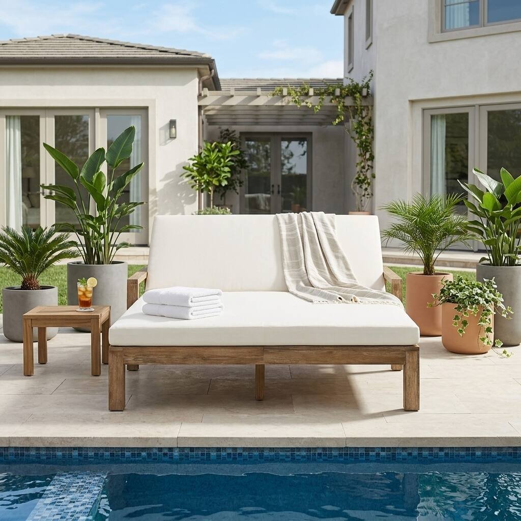 Farmhouse Acacia Wood Double Outdoor Sunbed with Adjustable Backrest by Leisure Zone - Image 3