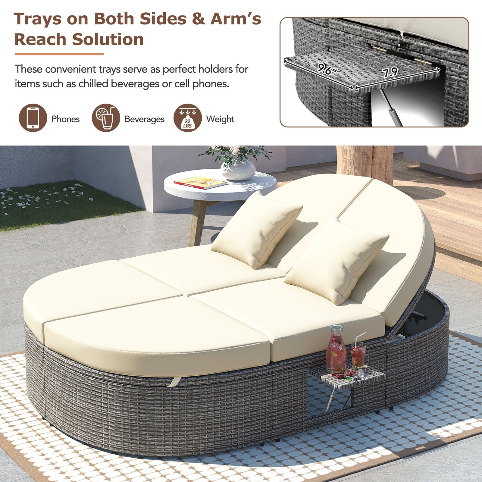 Outdoor Sun Bed Patio 2-Person Daybed with Cushions and Pillows by Leisure Zone - Image 9