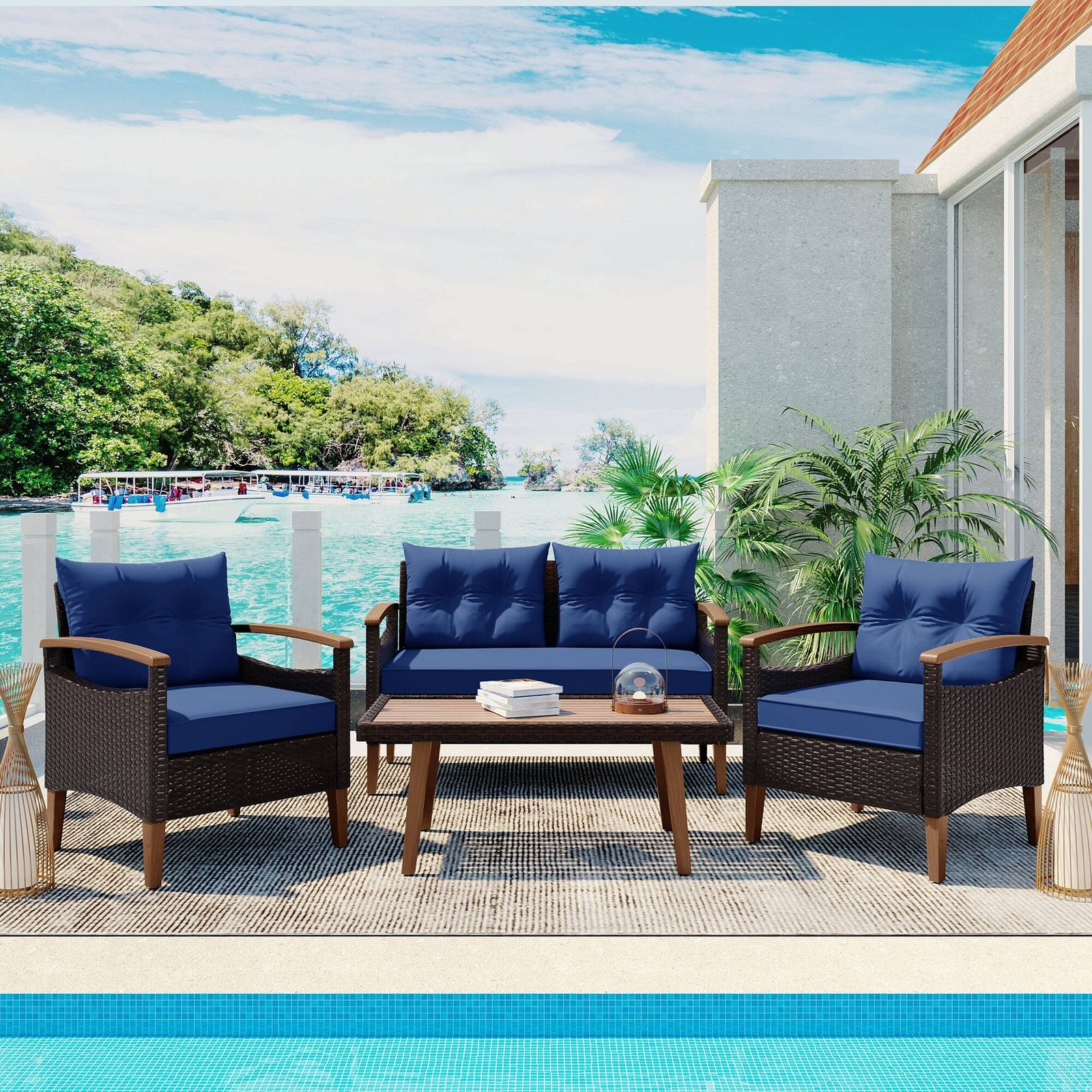 4-Piece PE Rattan Outdoor Sofa Set with Acacia Wood Table by Leisure Zone - Image 12
