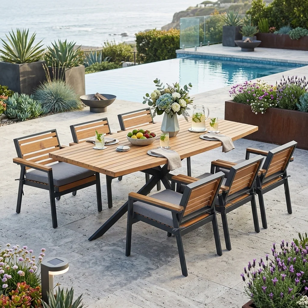 7-Piece Acacia Wood Patio Dining Set with X-Base Table & Cushioned Chairs by Leisure Zone - Image 13