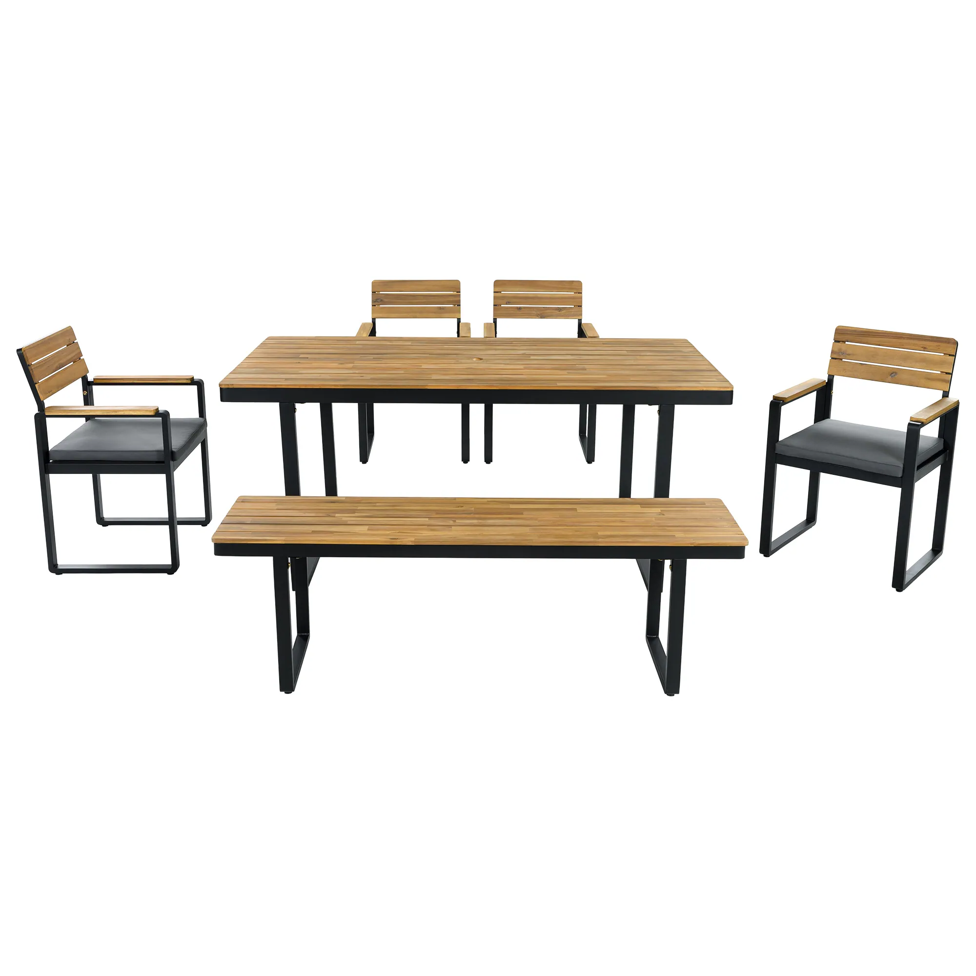 Acacia Wood & Steel Patio Dining Set with Cushioned Chairs & Bench by Leisure Zone - Image 14