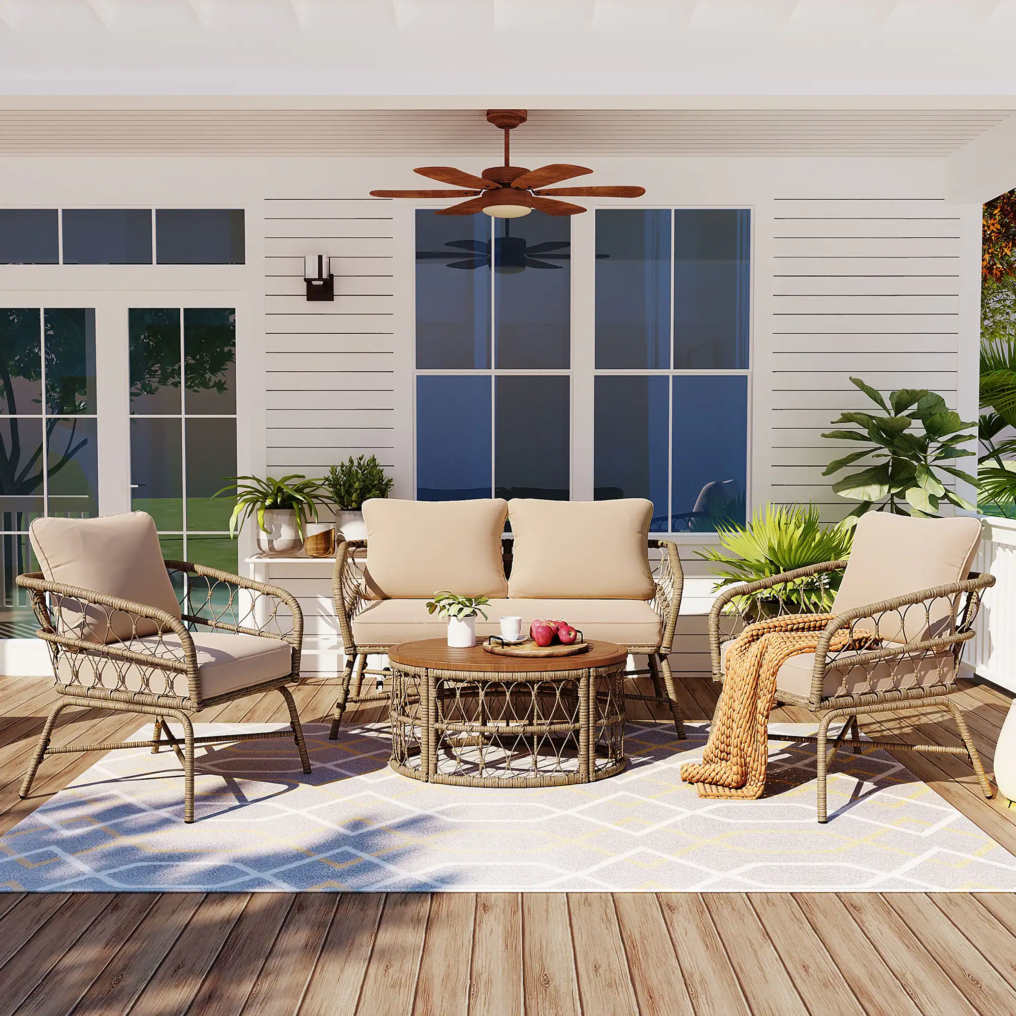Stylish and Comfortable 4-Person Outdoor Seating Group with Coffee Table by Leisure Zone - Beige