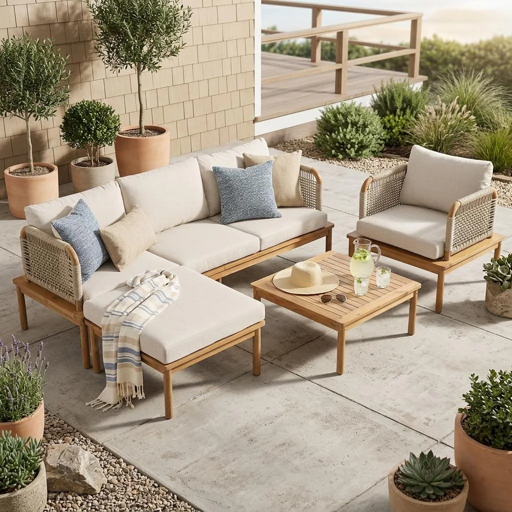 Acacia Wood Patio Sofa Set with Handwoven Rope Arms by Leisure Zone - Image 2
