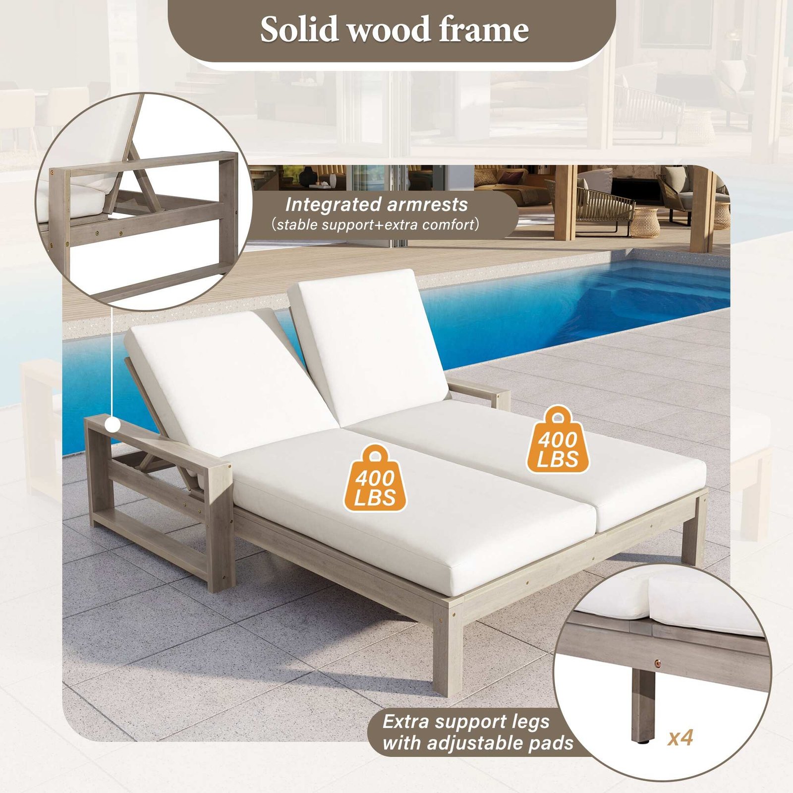 Outdoor Double Chaise Lounge Chair with Dual 5-Position Backrests by Leisure Zone - Image 22