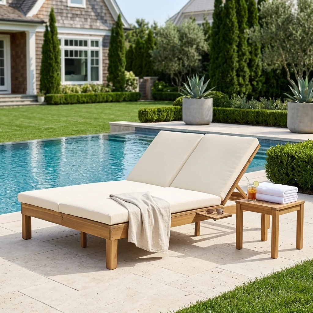 Elegant 5-Position Adjustable Double Chaise Lounge with Side Table by Leisure Zone - Image 2