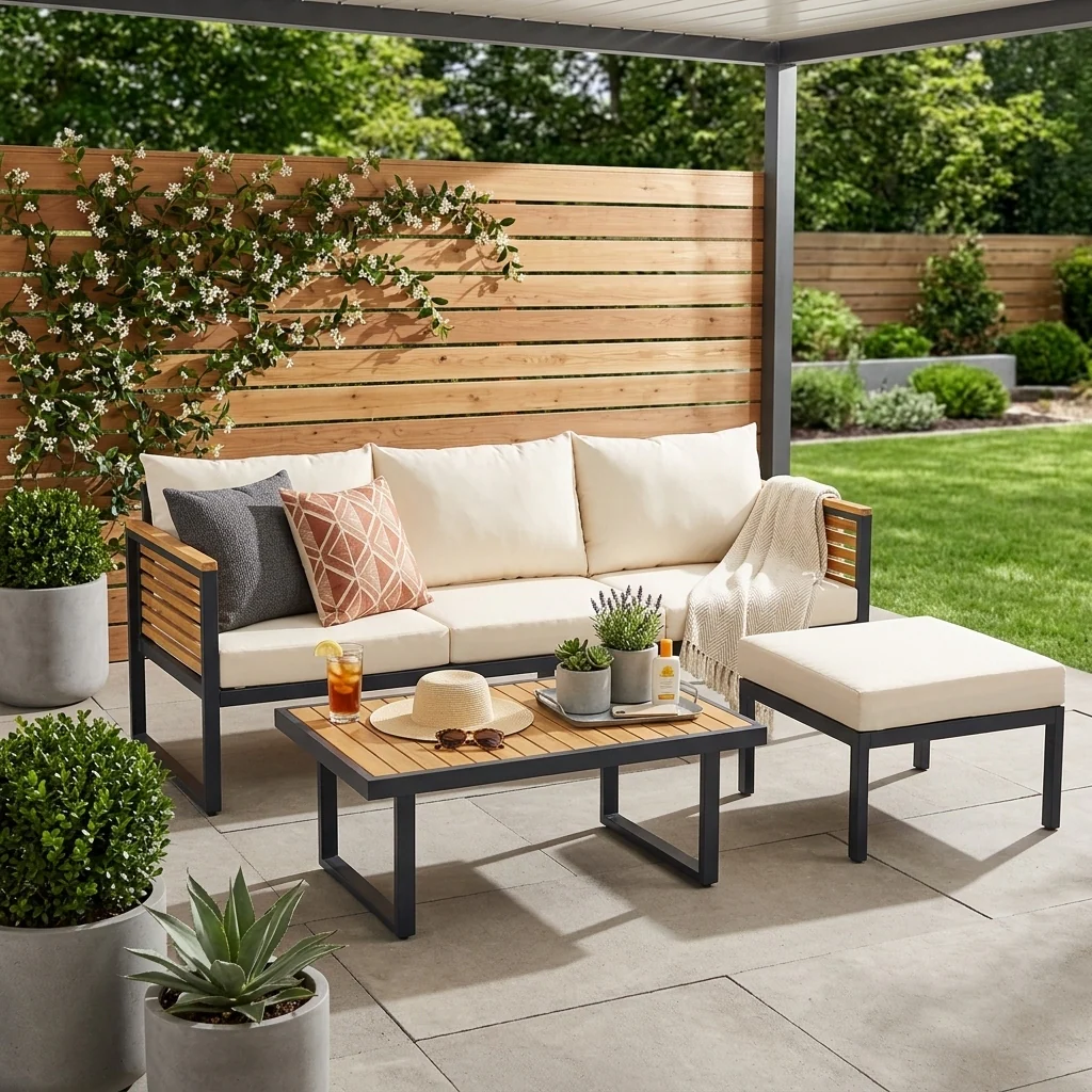 Acacia Wood & Metal Outdoor Sofa Set with High Back Cushions, Ottoman & Coffee Table by Leisure Zone - Image 14