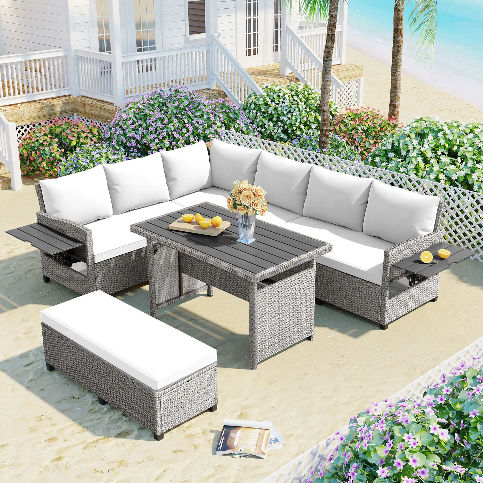 5-Piece L-Shaped Garden Furniture with Extendable Side Tables & Dining Table by Leisure Zone - Image 2