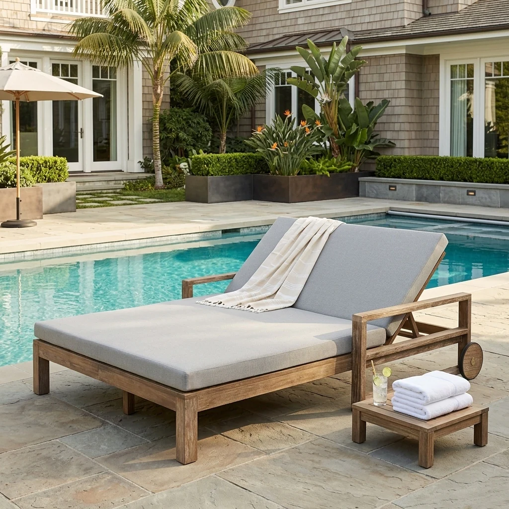 Farmhouse Acacia Wood Double Outdoor Sunbed with Adjustable Backrest by Leisure Zone - Image 2