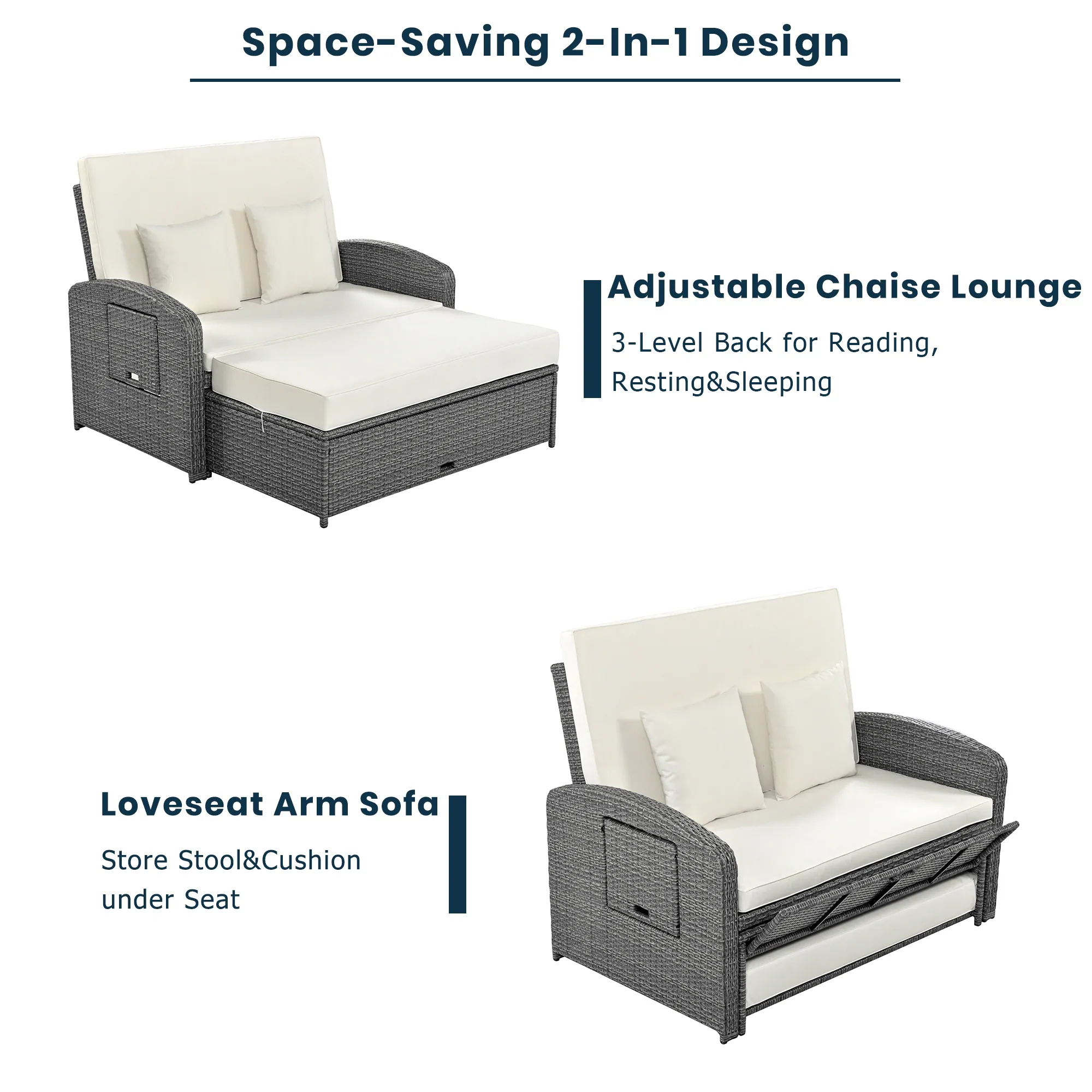 2-Person Reclining Daybed with Adjustable Back & Cushions by Leisure Zone - Image 5