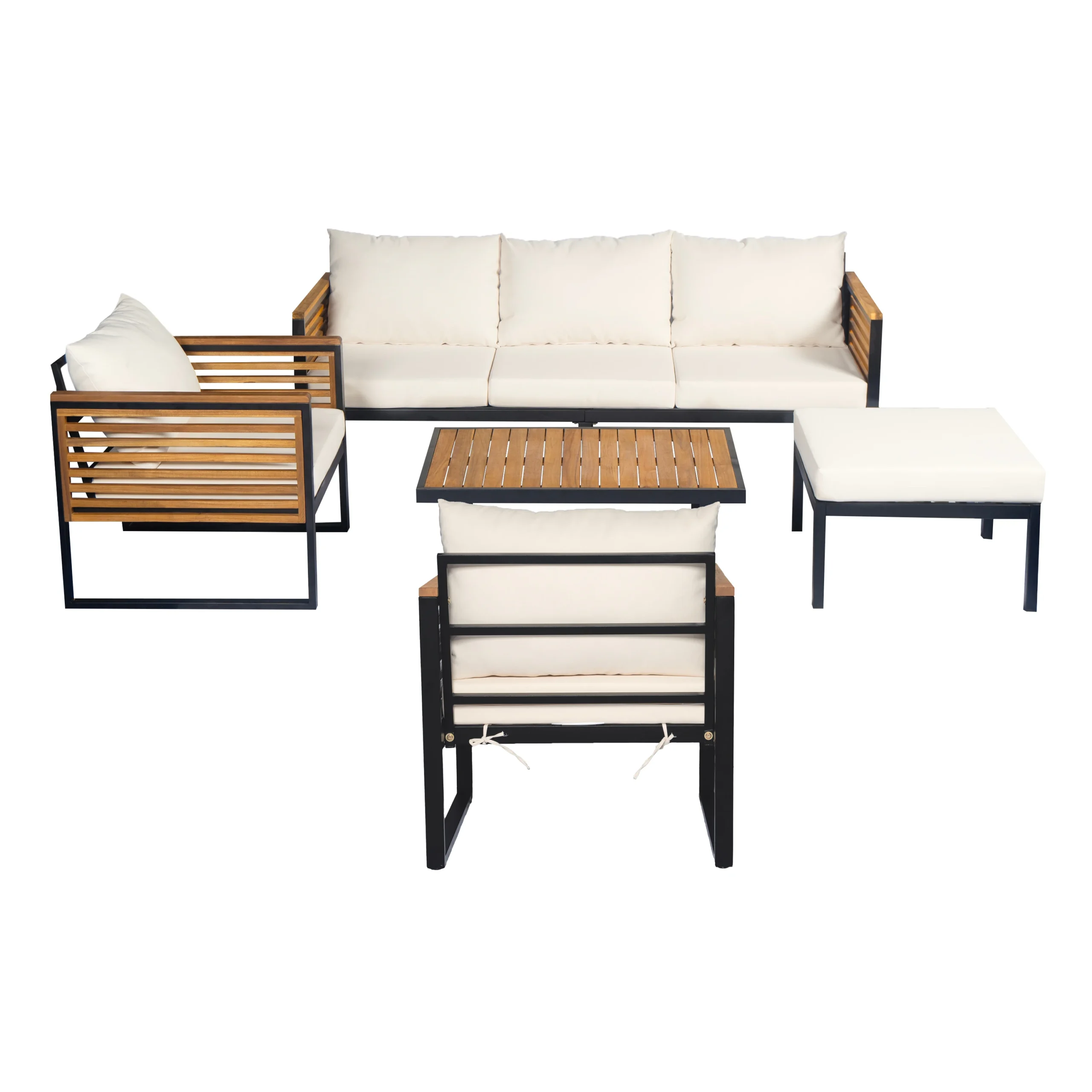 Acacia Wood & Metal Outdoor Sofa Set with High Back Cushions, Ottoman & Coffee Table by Leisure Zone - Image 3