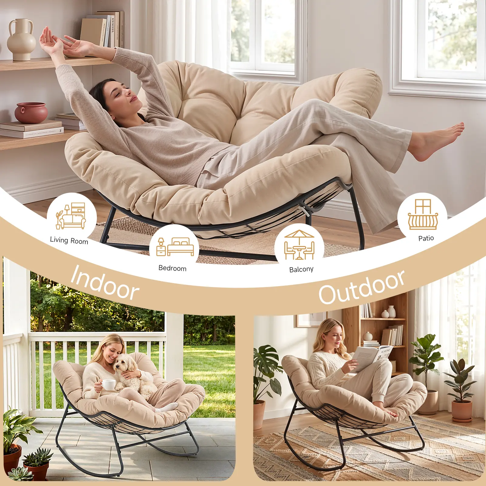 Oversized Blue Papasan Rocking Chair with Cushions for Indoor & Outdoor - Image 12