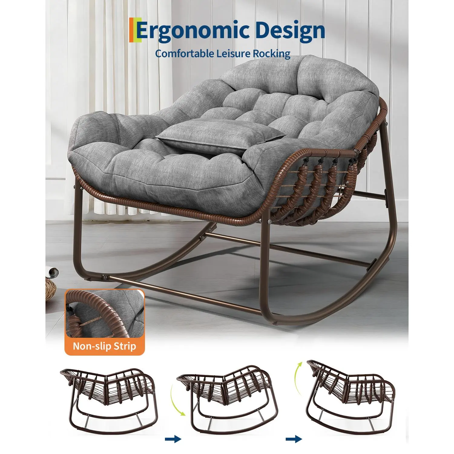 Oversized Rocking Papasan Egg Chair Grey Brown - Image 4