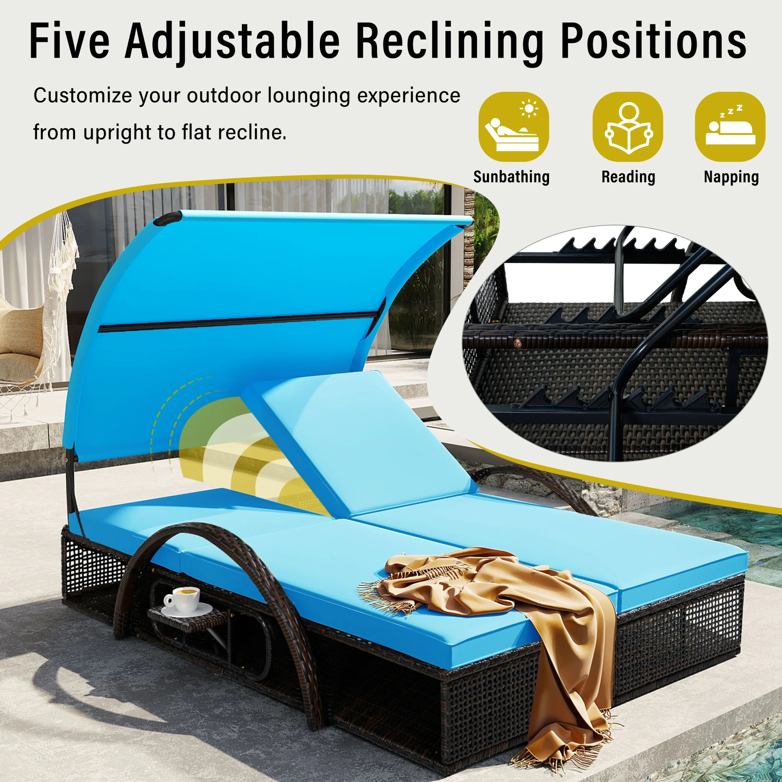 Double Outdoor Sun Lounger with Adjustable Backrest & Hidden Side Table by Leisure Zone - Image 21
