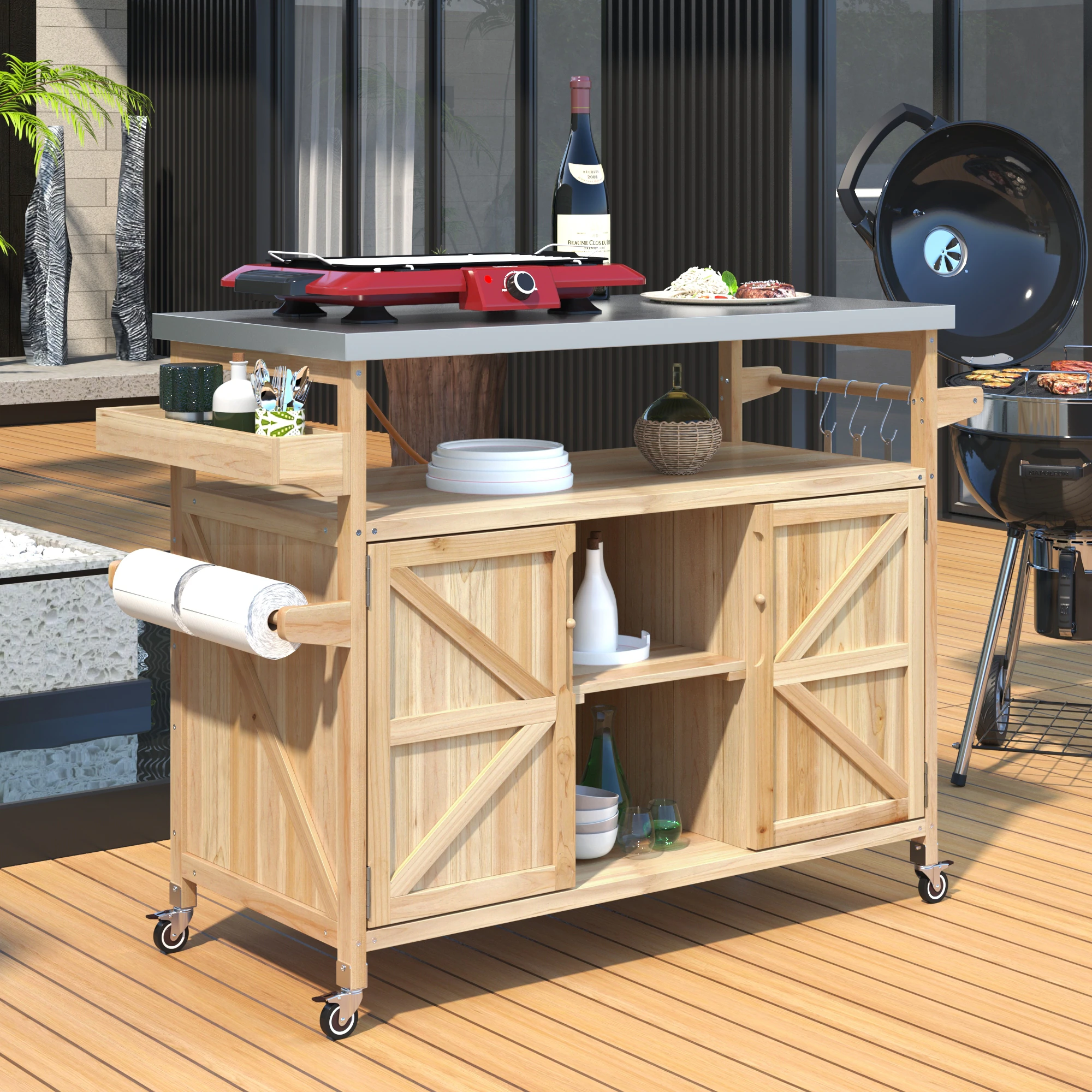Farmhouse Solid Wood Outdoor Kitchen Island with Rolling Bar Cart & Storage Cabinet by Leisure Zone - Image 3
