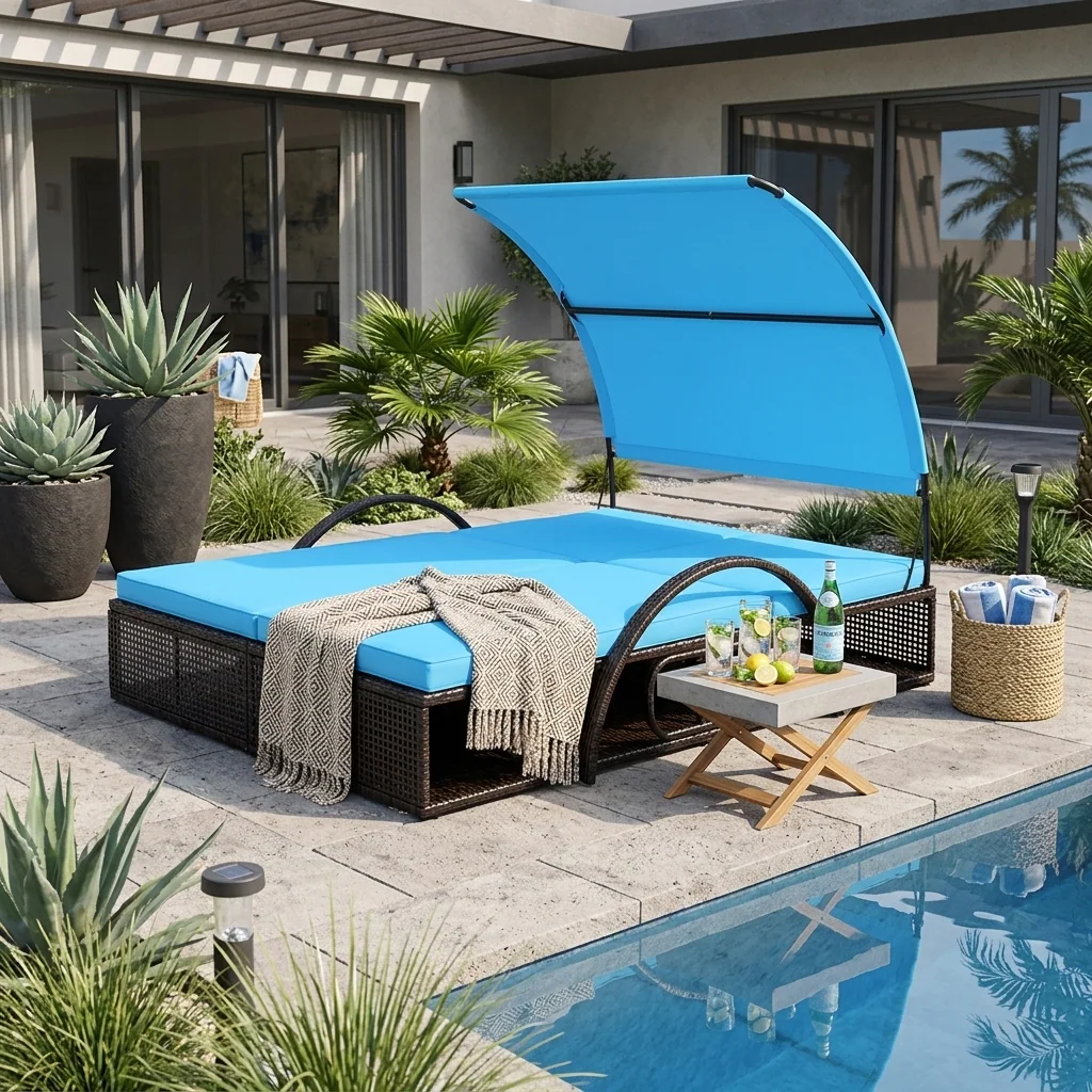 Double Outdoor Sun Lounger with Adjustable Backrest & Hidden Side Table by Leisure Zone - Image 14