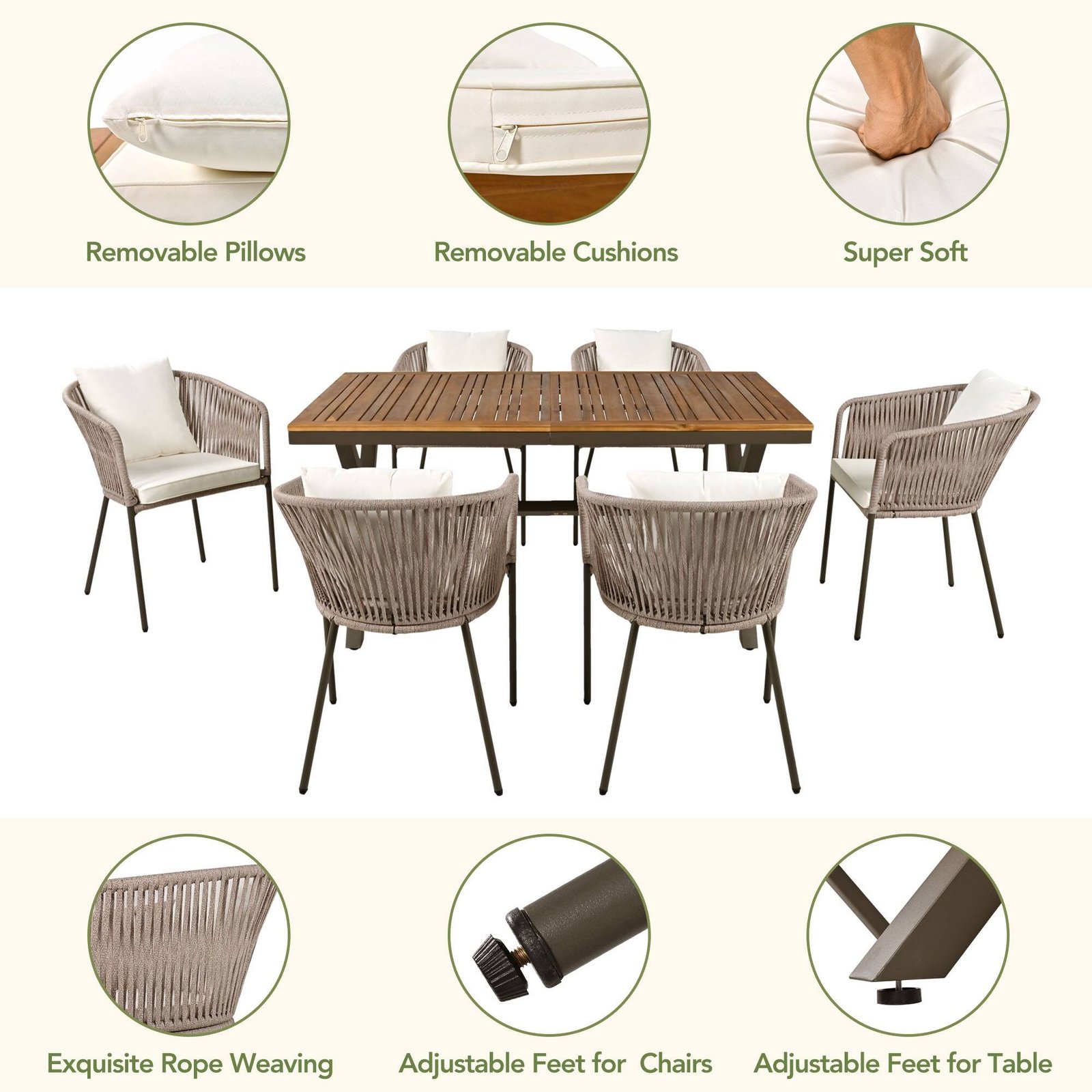 7-Piece Patio Dining Set with Acacia Wood Table and Ergonomically Designed Chairs by Leisure Zone - Image 8