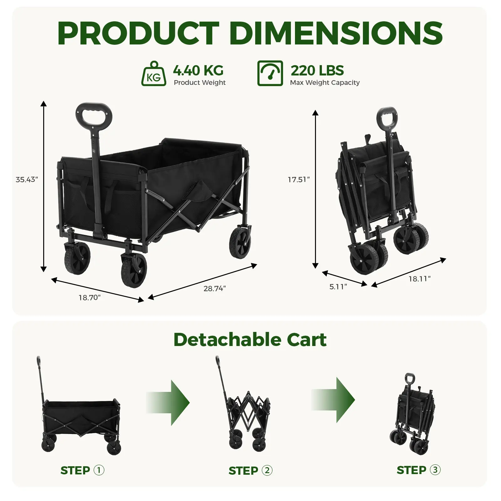 Sweetcrispy Collapsible Folding Wagon Push Cart - Oxford Cloth Quick-Fold Utility Trolley, 102L Large Capacity, 330 lbs Load Capacity, Wheels, Adjustable Handle, for Outdoor Camping, Beach Outings - Image 6