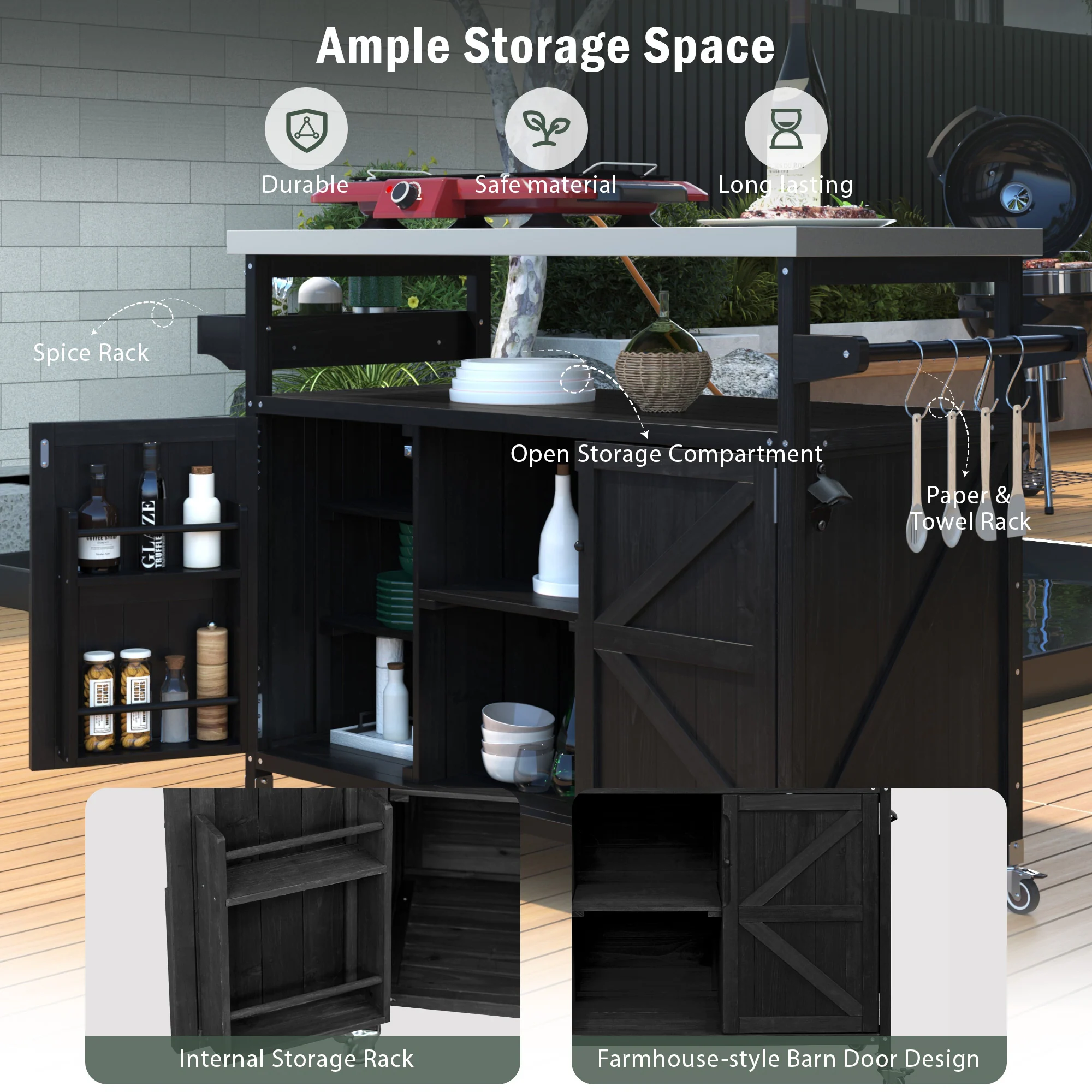 Farmhouse Solid Wood Outdoor Kitchen Island with Rolling Bar Cart & Storage Cabinet by Leisure Zone - Image 10