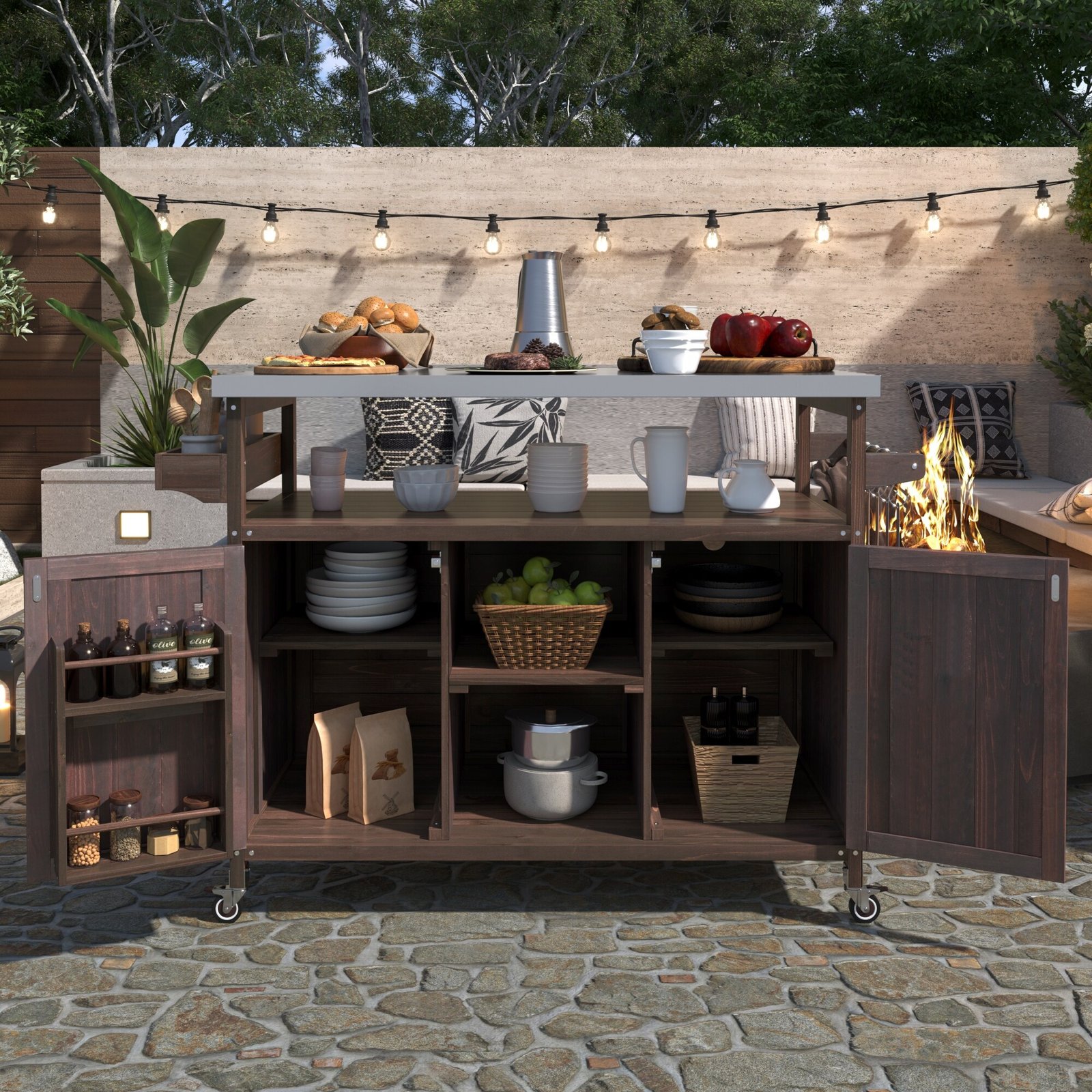 Farmhouse Solid Wood Outdoor Kitchen Island with Rolling Bar Cart & Storage Cabinet by Leisure Zone - Image 24