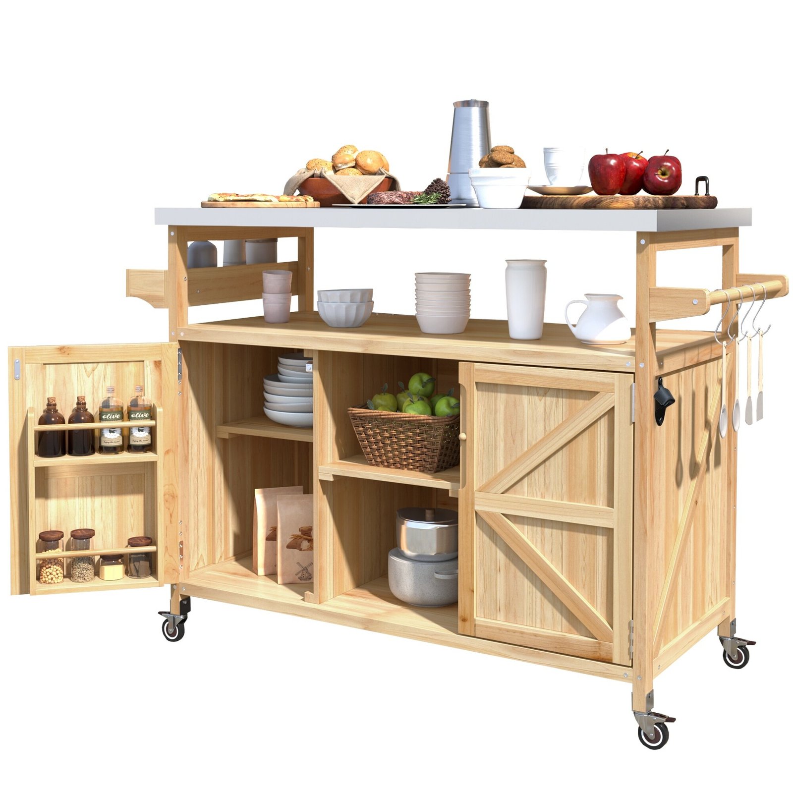 Farmhouse Solid Wood Outdoor Kitchen Island with Rolling Bar Cart & Storage Cabinet by Leisure Zone - Image 13