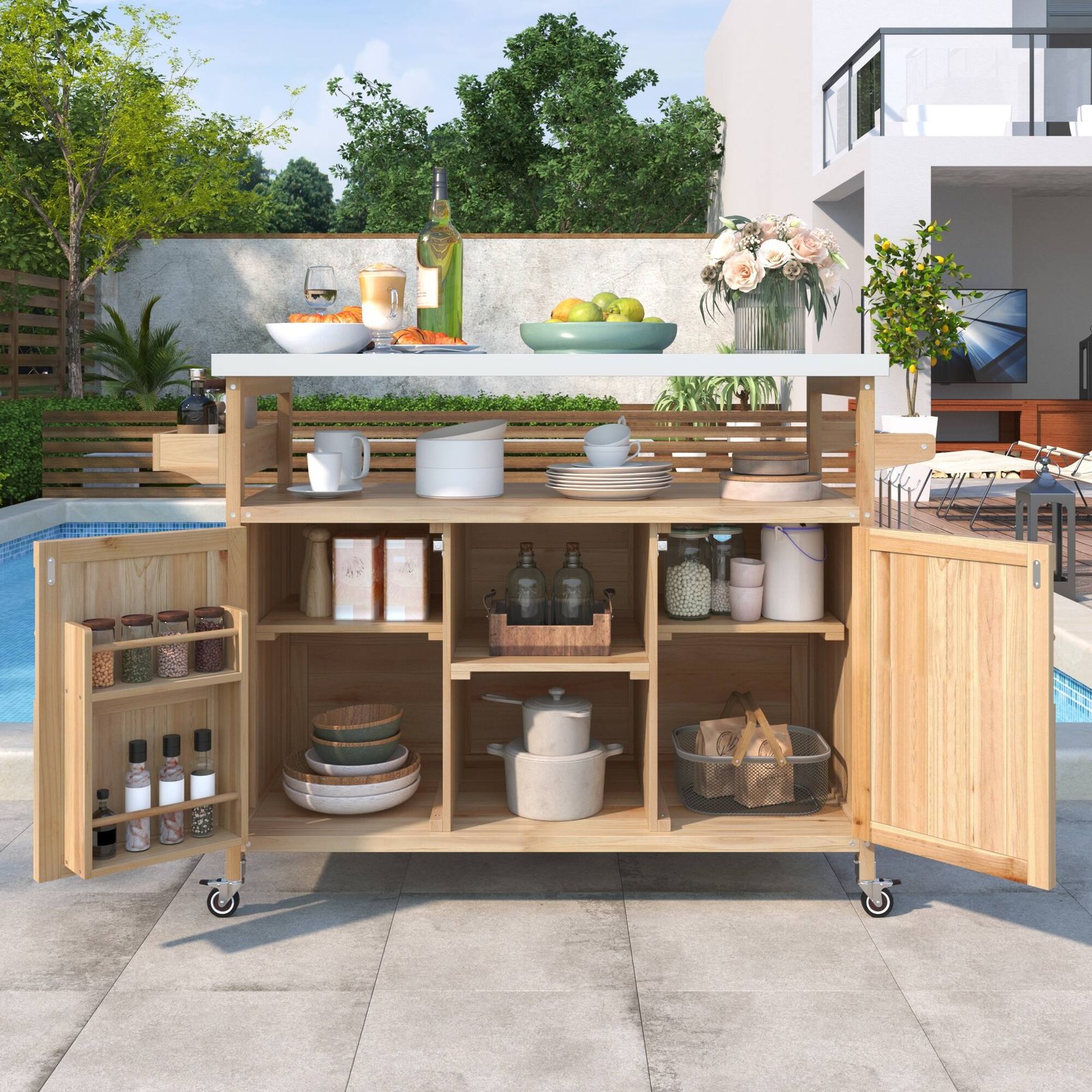 Farmhouse Solid Wood Outdoor Kitchen Island with Rolling Bar Cart & Storage Cabinet by Leisure Zone - Image 12