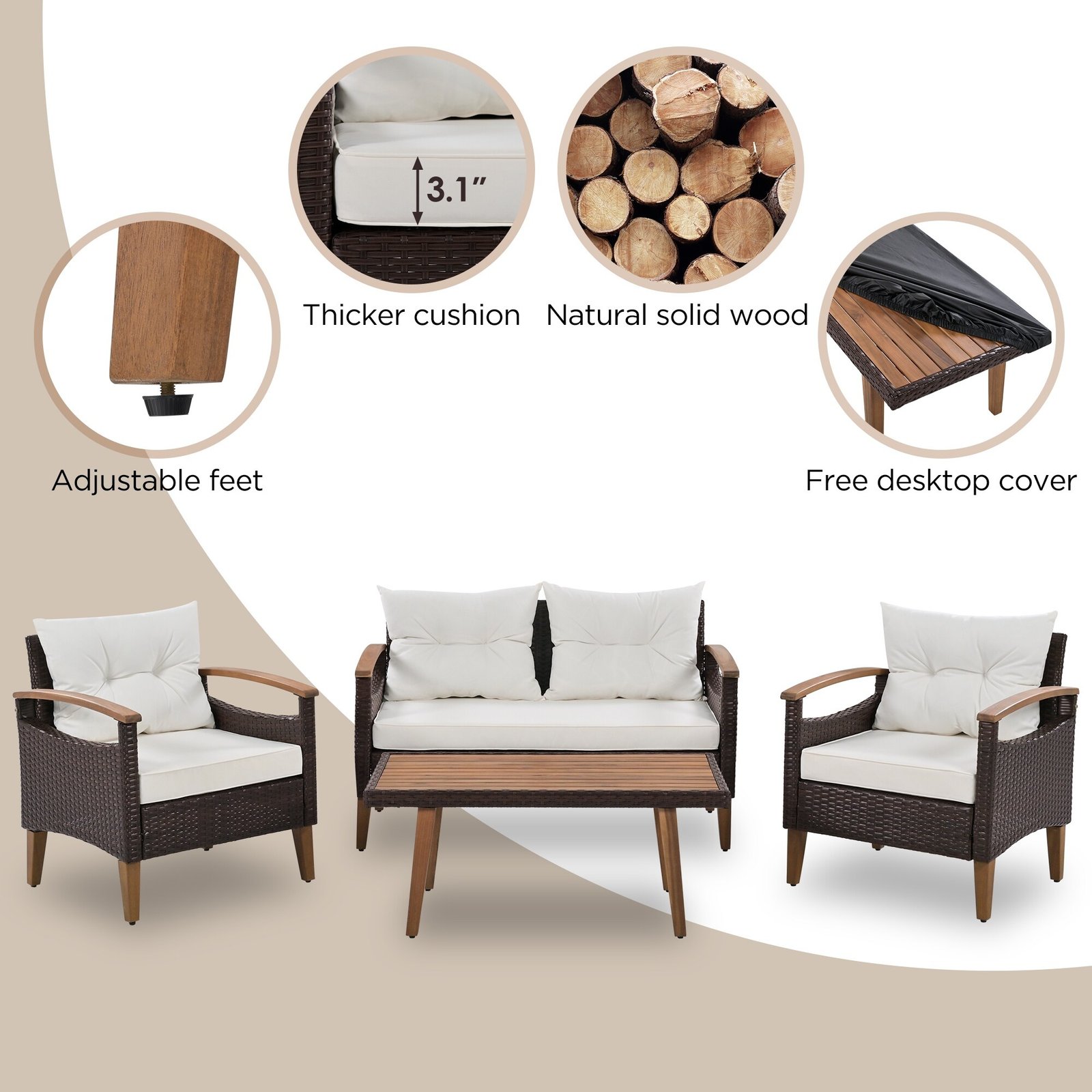 4-Piece PE Rattan Outdoor Sofa Set with Acacia Wood Table by Leisure Zone - Image 7