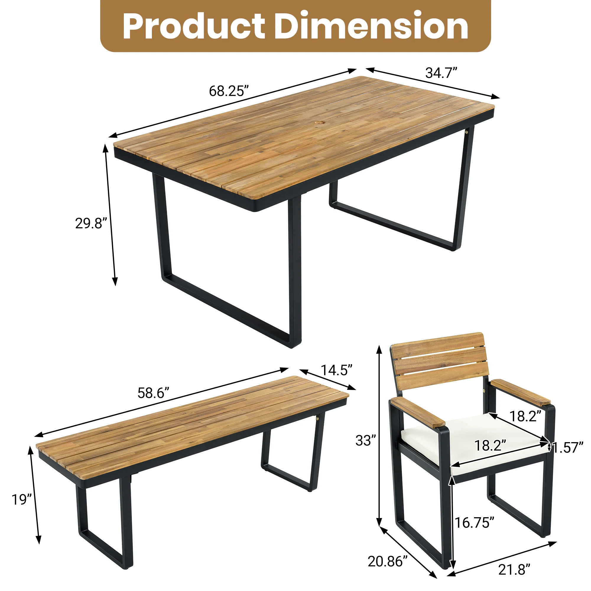Acacia Wood & Steel Patio Dining Set with Cushioned Chairs & Bench by Leisure Zone - Image 11