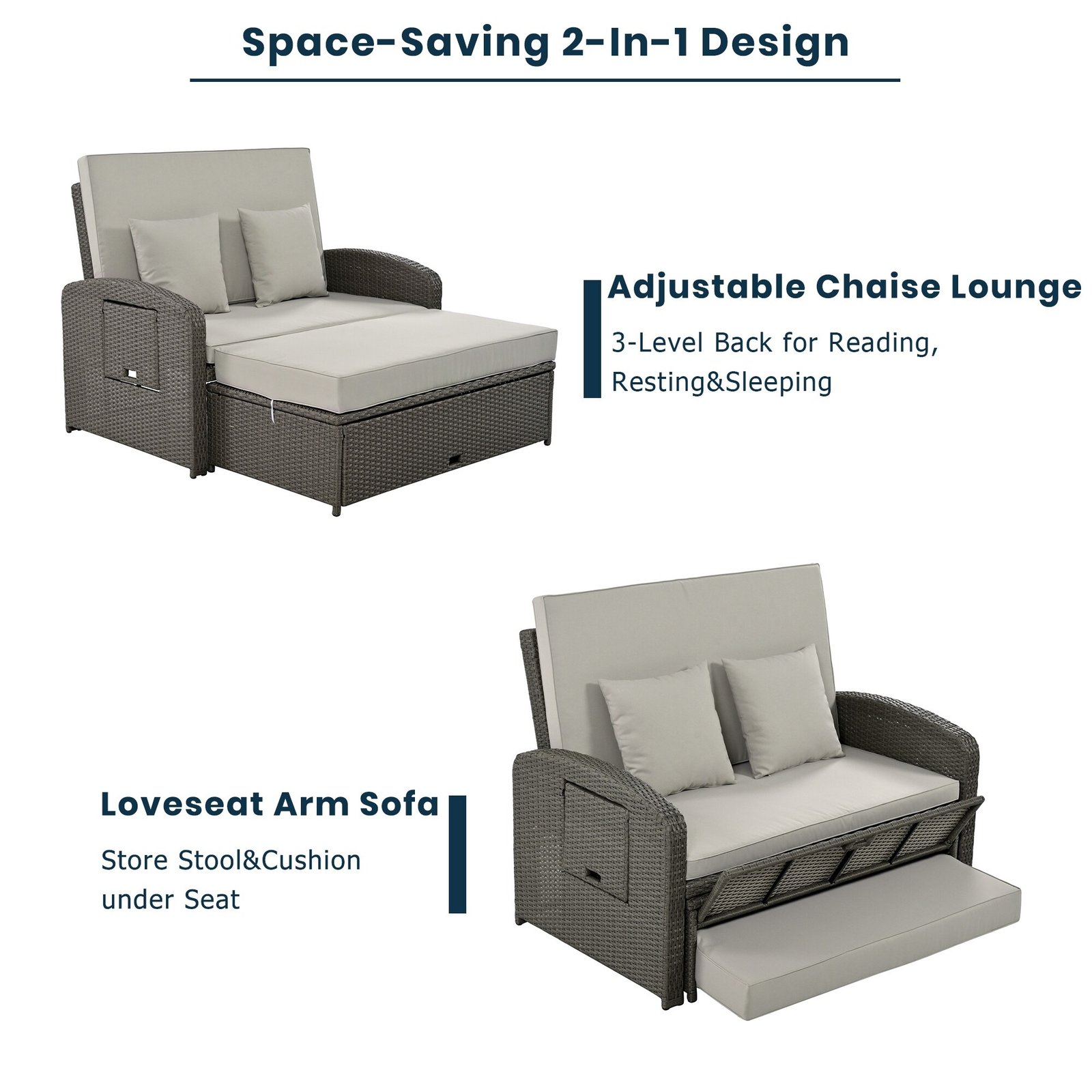 2-Person Reclining Daybed with Adjustable Back & Cushions by Leisure Zone - Image 14