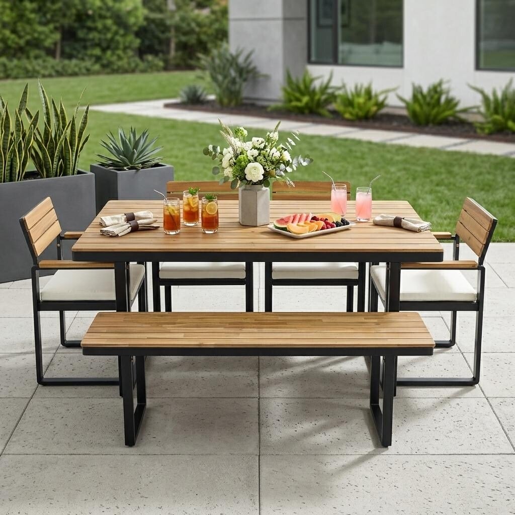 Acacia Wood & Steel Patio Dining Set with Cushioned Chairs & Bench by Leisure Zone - Image 3