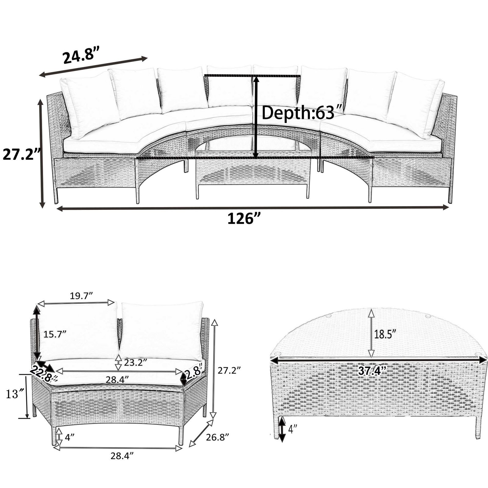 Half-Moon Design All-Weather Brown PE Rattan Wicker Sofa Set with Tempered Glass Table by Leisure Zone - Image 9